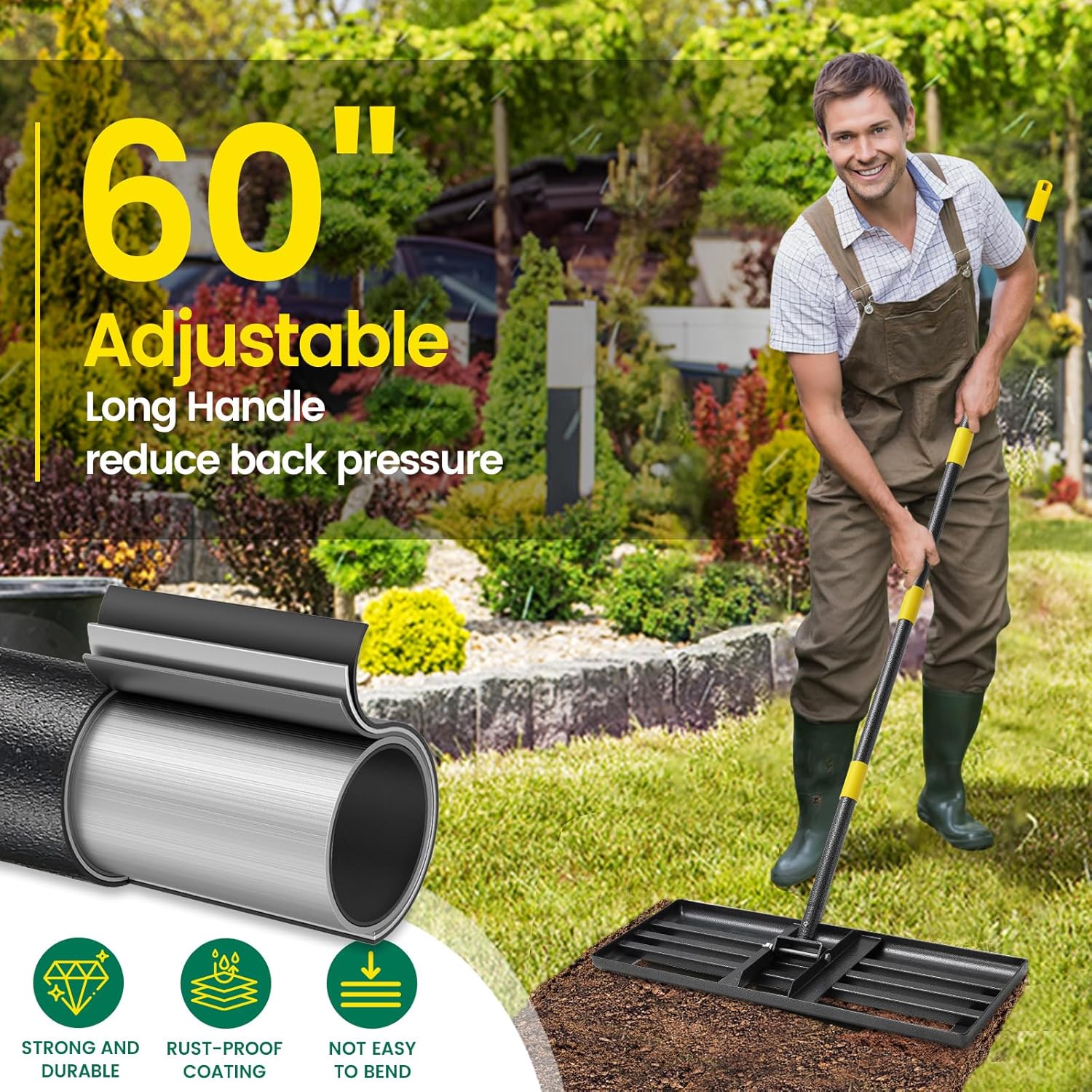 Lawn Leveling Rake, 30x10 Heavy Duty Leveler Tool for Yard, 5FT Garden Rakes for Lawns with Adjustable Handle, Foldable Leveling Rake for Soil Sand