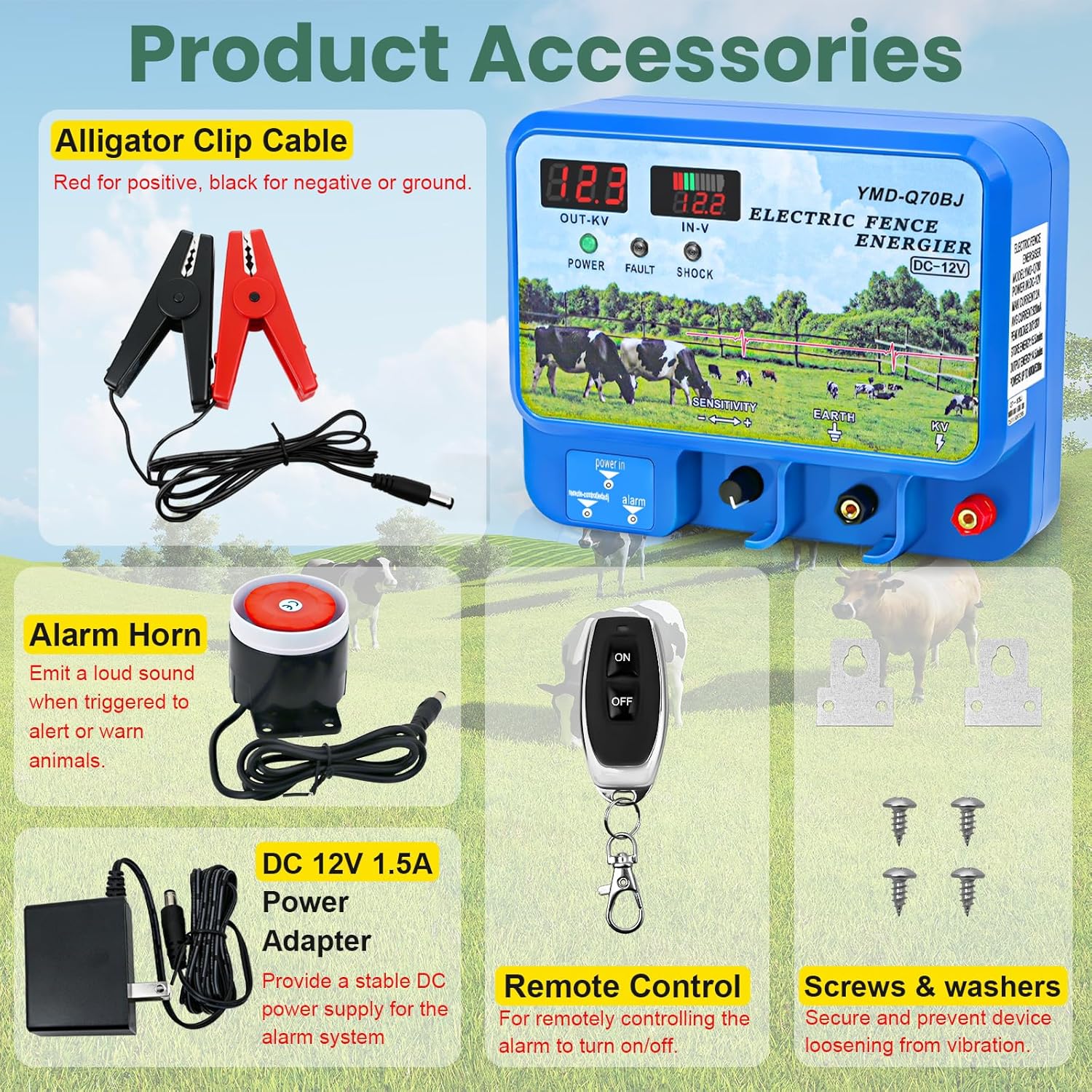15.5J Electric Fence Charger, 15.5 Joules 600 Acres, AC DC 2 in 1 Powered Supply, Input 12V Output 12KV, with Display Remote and Alarm, Keep Out Predators, Contain Cattle Cow and Livestock