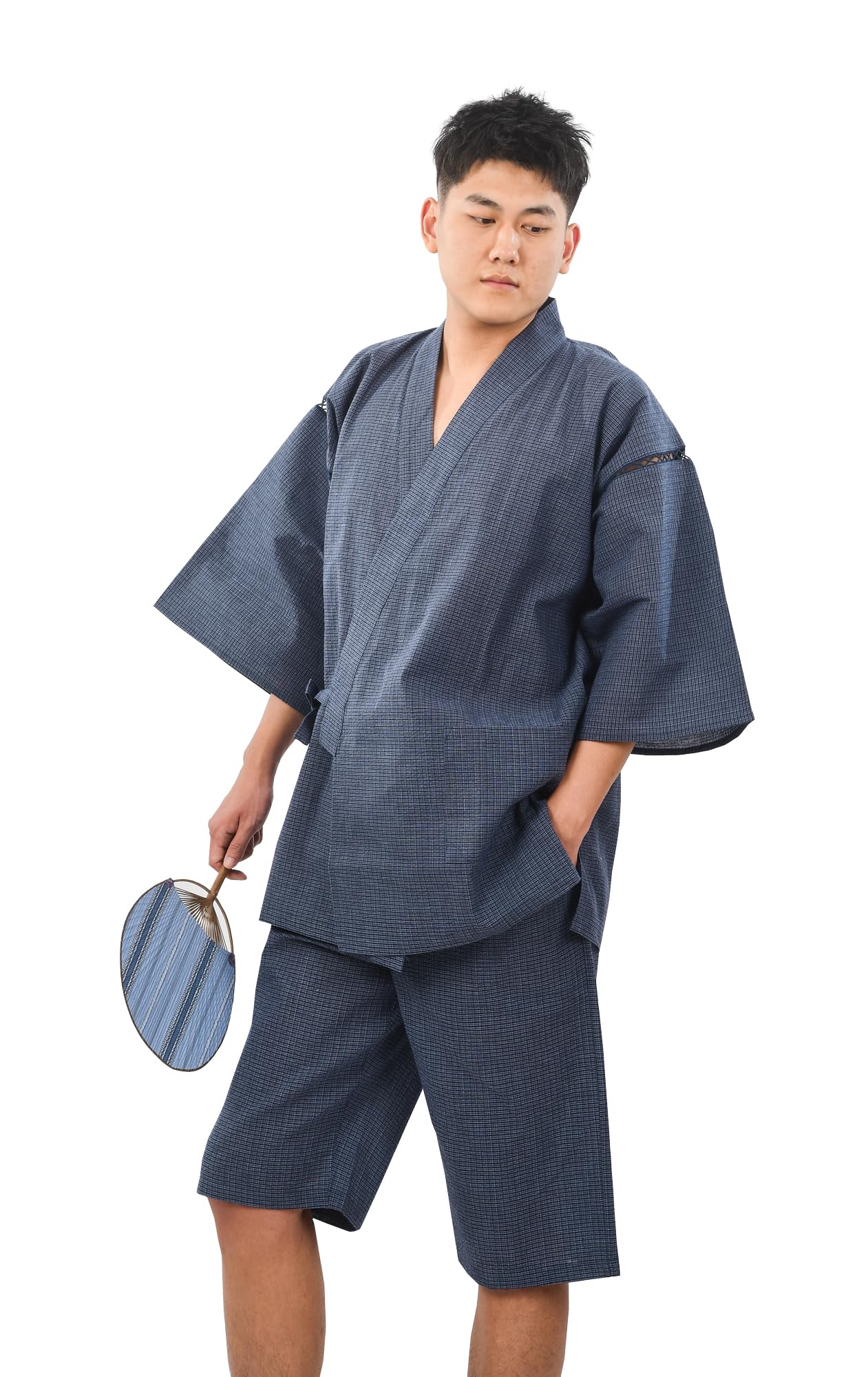HOHO AYUMU Men's Jinbei, 10 Patterns, 100% Cotton, Yukata, Men's Kimono, Loungewear, Stylish, Shijira Weave, B pattern, L : Clothing, Shoes & Jewelry