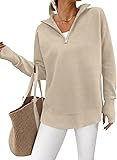 PRETTYGARDEN Womens Long Sleeve Quarter Zip Pullover Sweater Casual Loose V Neck Collared Ribbed Knit Jumper Tops Thumb Hole Medium Light Khaki