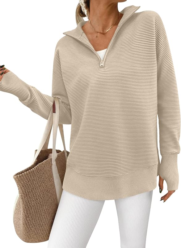 PRETTYGARDEN para mujer manga larga cuarto de cremallera suéter informal suelto cuello en V cuello acanalado jersey tops pulgar agujero