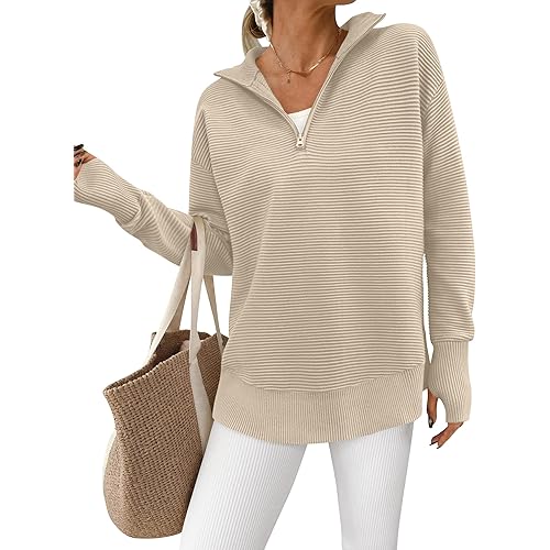 PRETTYGARDEN Womens Long Sleeve Quarter Zip Pullover Sweater Casual Loose V Neck Collared Ribbed Knit Jumper Tops Thumb Hole
