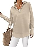 PRETTYGARDEN Womens Long Sleeve Quarter Zip Pullover Sweater Casual Loose V Neck Collared Ribbed Knit Jumper Tops Thumb Hole Medium Light Khaki