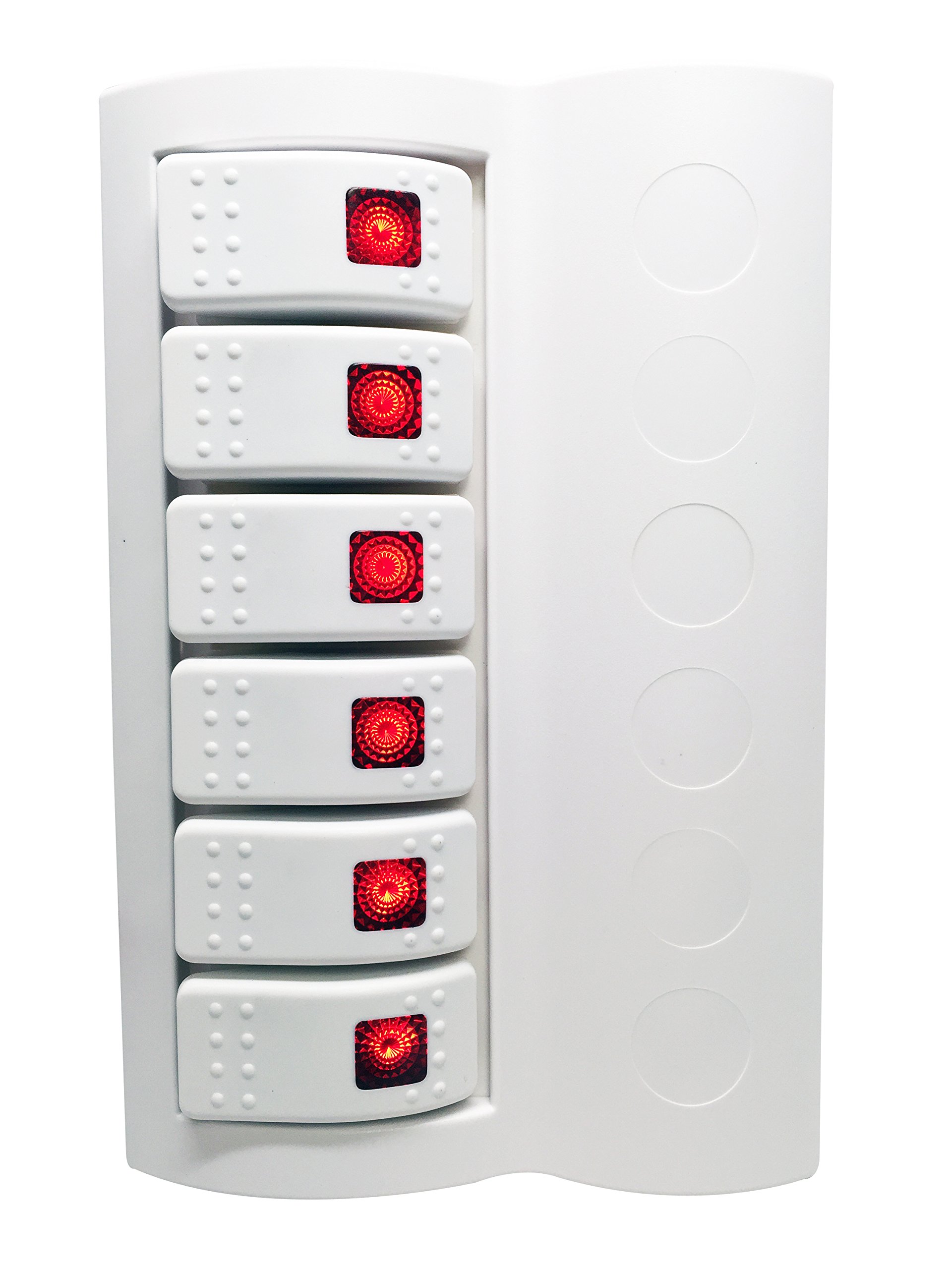 MARINE BOAT WATERPROOF WHITE SWITCH PANEL CIRCUIT BREAKER 6 GANG RED LED ROCKER