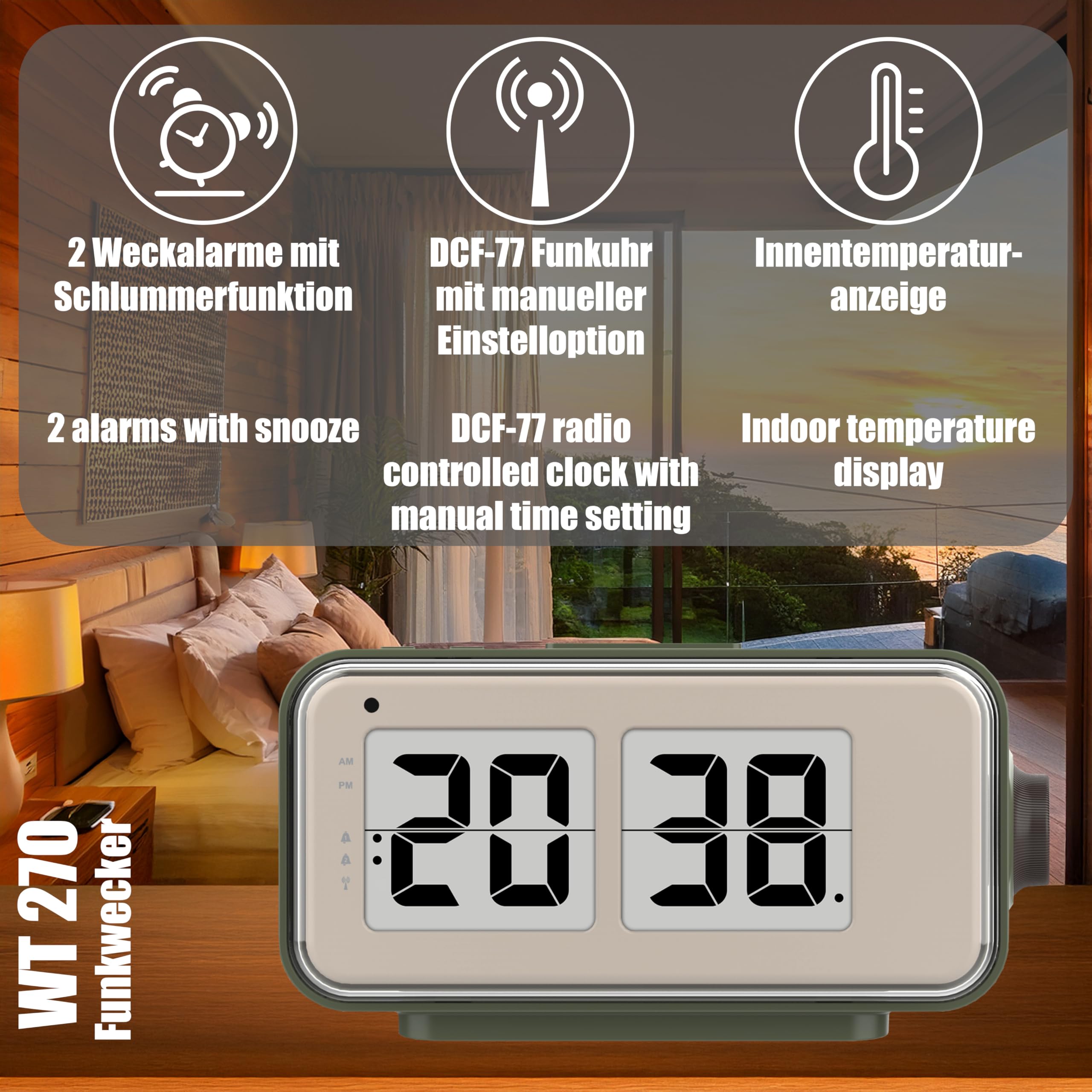 Technoline WT270 budzik w stylu retro – DCF77 budzik radiowy w stylu Flip Clock, 2 alarmy z funkcją drzemki, wskaźnik temperatury wewnętrznej, kalendarz, podświetlenie tła i światło nocne, zasilanie
