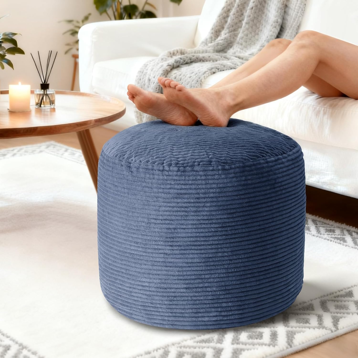 20" x 20" x 15" Pouf Ottoman Foot Rest, Pre-Stuffed Round Foot Stool with Odorless Shredded Memory Foam, Furry & Fluffy Corduroy Footrest for Living Room, Navy