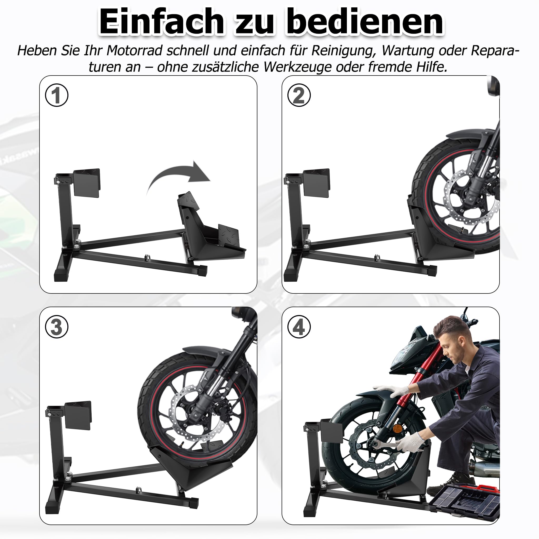 YRHome Stojak na motocykl, trójkątne przednie koło, stojak montażowy z antypoślizgowymi nóżkami, huśtawka motocyklowa, trzystopniowa regulacja, czarny lakier, do opon 13-17", 90-130 mm, idealny do