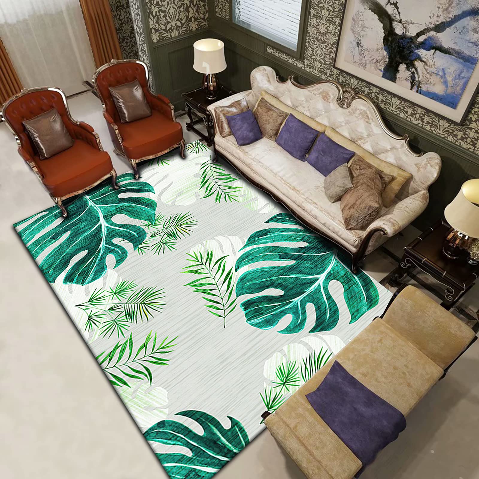 Tapis antidérapant à poils longs pour salon et chambre à coucher, design moderne avec motif feuilles fraîches, idéal pour le couloir et les espaces de bureau