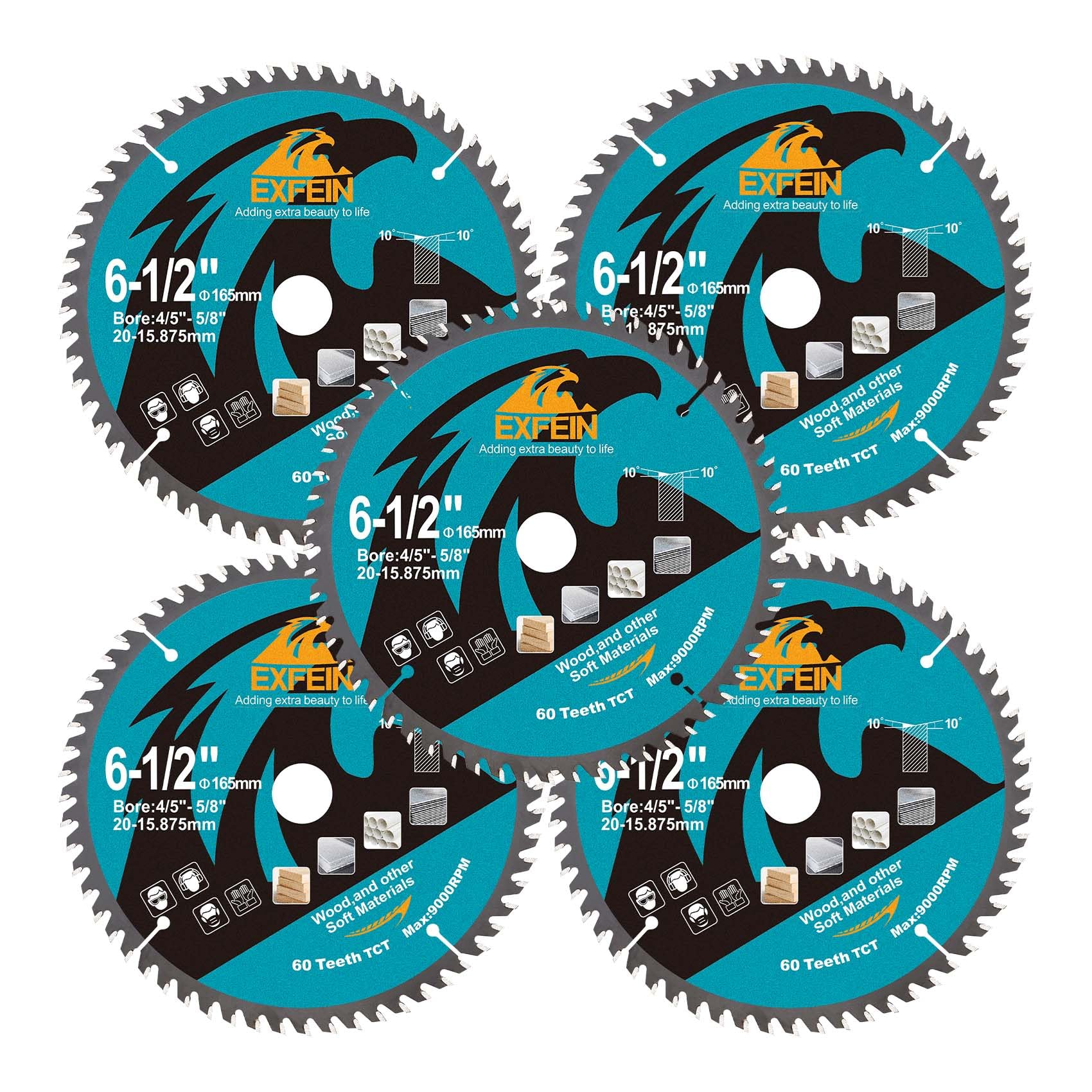 EXFEIN 165mm Wood Cutting Discs 5pcs, 60 Teeth ATB TCT Fine Finish Disc with 20mm Bore for Wood Plastic