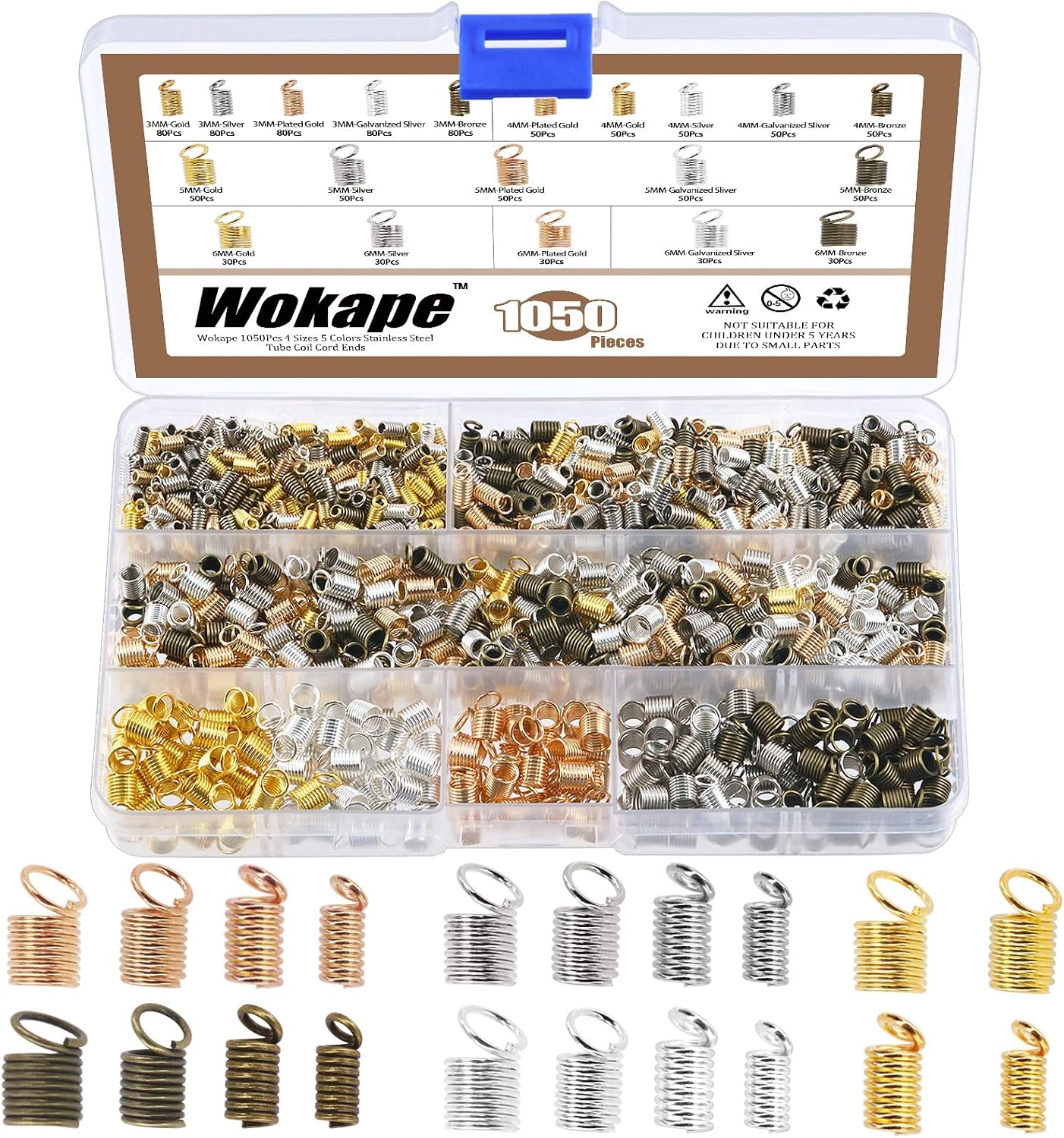 1050Pcs Cord Ends Caps Assortment Kit, 3mm 4mm 5mm 6mm Spring Coil End Tips Fastener Crimp Clasp for Leather Jewelry Making