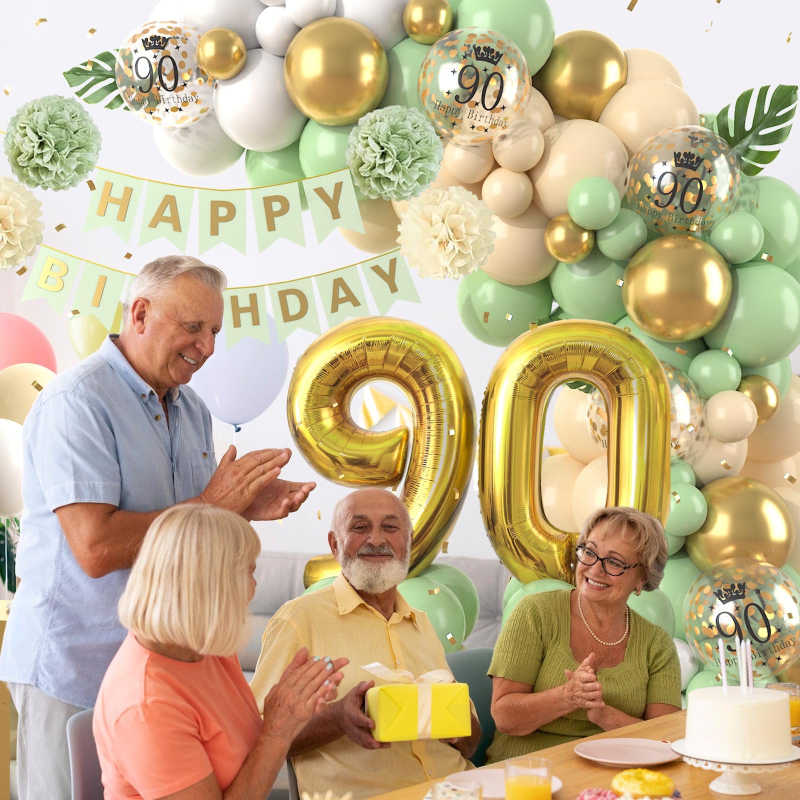 Decoraciones de 90º Cumpleaños Verde salvia,Decoraciones de 90º Cumpleaños Guirnalda de Globos con Globos del Número 90 para Hombres Mujeres Decoraciones de 90º Cumpleaños