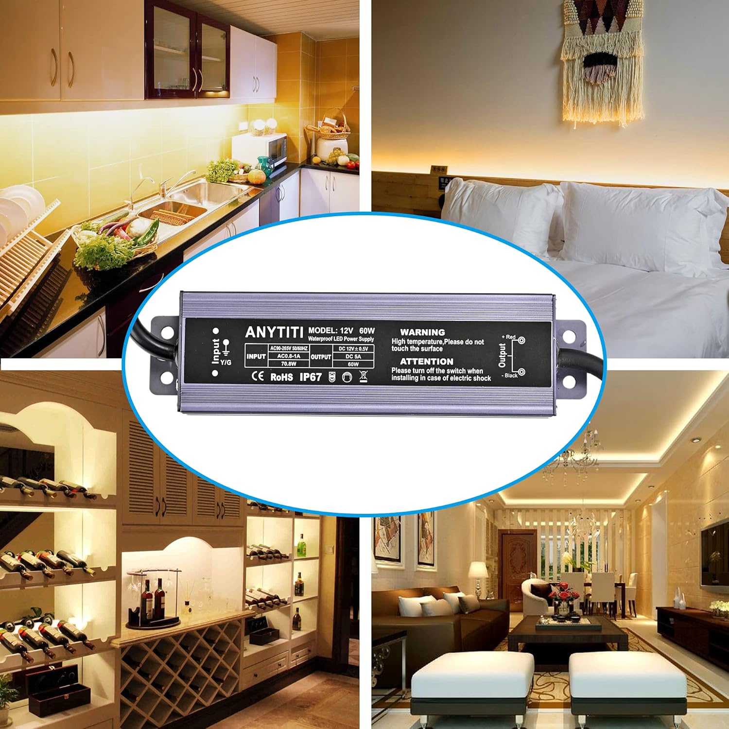 LED Driver,LED Power Supply IP67 Waterproof Output 60W DC12V 5A 3-Prong Plug 4.5feet