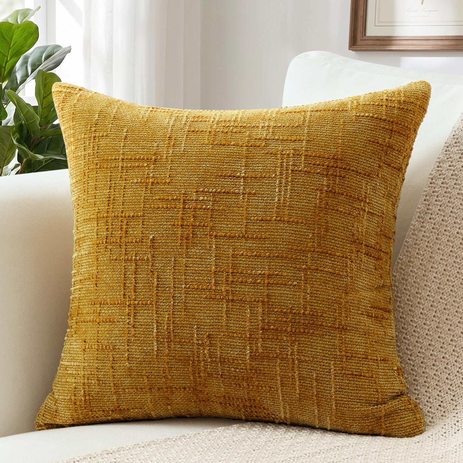 Sungeek Chenille Textured Cushion Cover 50x50cm, Farmhouse Solid Dyed Throw Pillow Case Cover, Decorative Square Cushion Case for Home Decor Couch Sofa Bed Living Room, Mustard Yellow — image 1