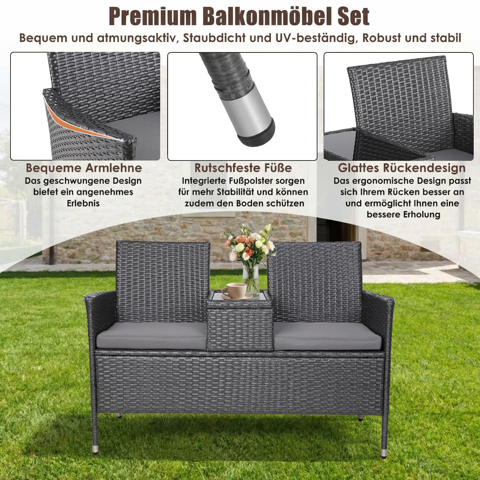 TLSUNNY Banc de Jardin 2 Places en Rotin, Salon Balcon avec Coussins