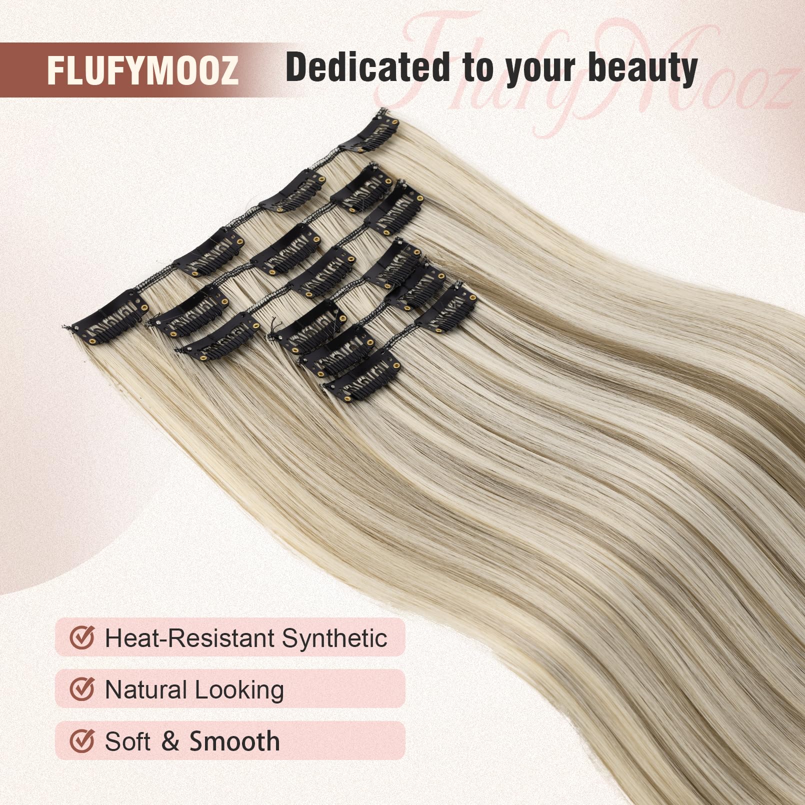 FLUFYMOOZ 6PC Clip in Hair Extensions 24" Straight Long Extensions for Women Synthetic Hairpiece (Ash Brown with Blonde Highlights) - Image 3