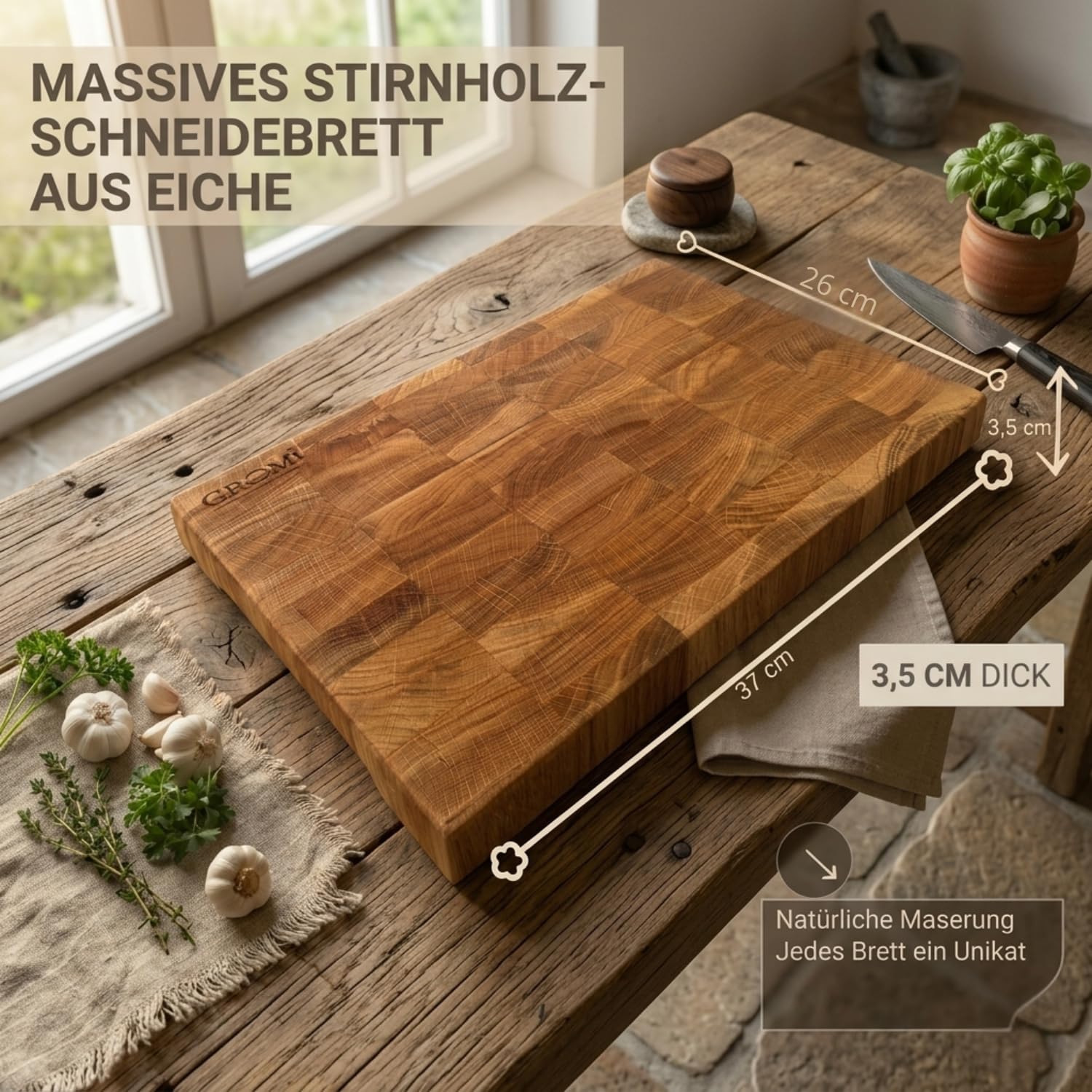 Drewniana deska do krojenia o grubości 3,5 cm, dąb premium, drewniana deska kuchenna, drewniana deska do krojenia z europejskiej manufaktury, bez plastiku, naturalny olej lniany i wosk pszczeli oraz