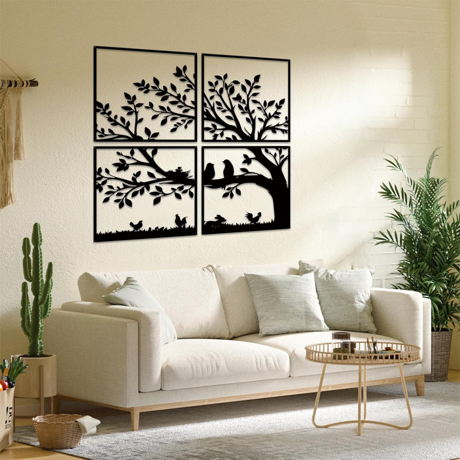 ruelen Wall Decor 4 Pieces Large Metal Birds and Branch Wall Art, Tree of Life Metal Wall Art, Black Leaves with Birds Silhouette Hanging Wall Sculpture For Indoor Home Bedroom Living Room Outdoor