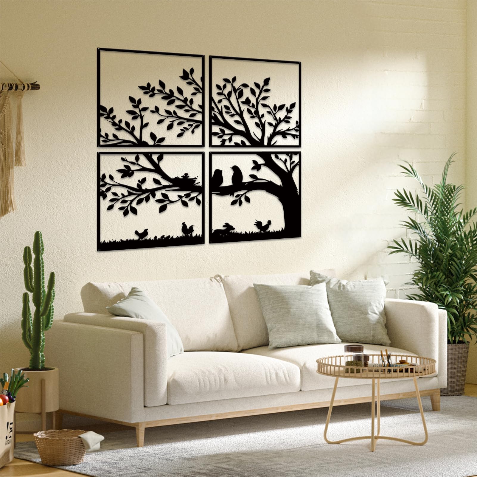 ruelen Wall Decor 4 Pieces Metal Birds and Branch Wall Art, Tree of Life Metal Wall Art, Black Leaves with Birds Silhouette Hanging Wall Sculpture For