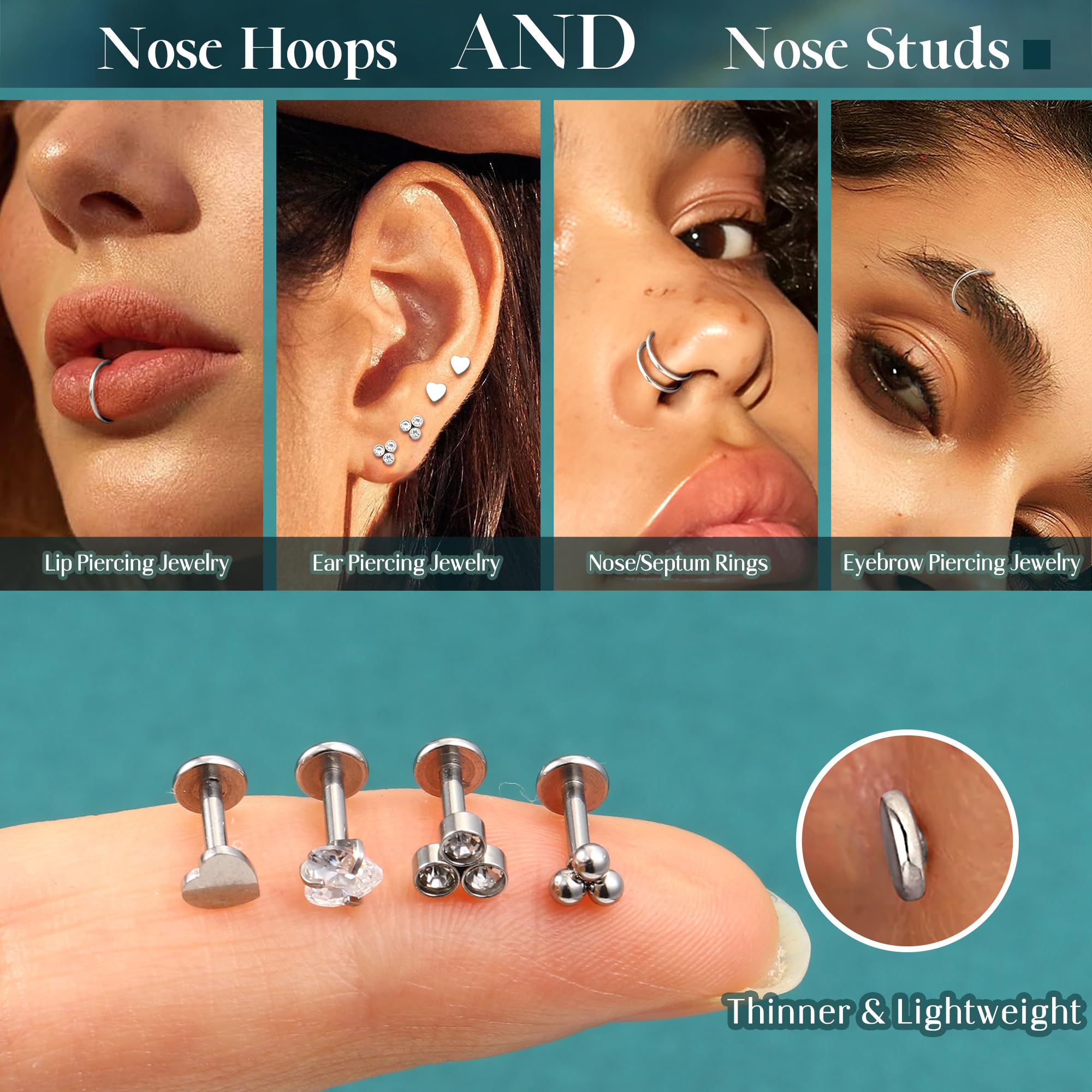 HHRFCS 16G Piercing Helix Biżuteria Gwintowany wkręt do nosa Labret Szpilki Kolczyk w nosie Kolczyki z płaskim tyłem Stal chirurgiczna Helix Hoop Muszla Daith Lip Piercing Tragus Srebrne Złoto