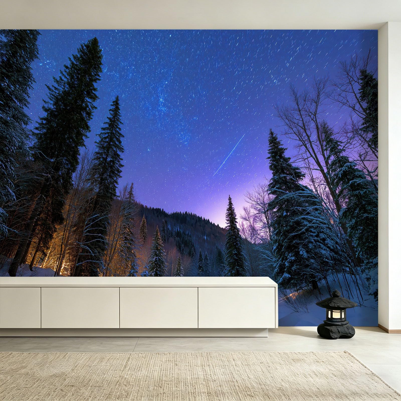 Fotografia gwiaździste niebo zima fototapeta 200 x 140 cm las meteor śnieg las sosnowy zdjęcie włóknina tapeta pokrycie ścian, dekoracja do salonu sypialni, akademika domu biura dekoracja
