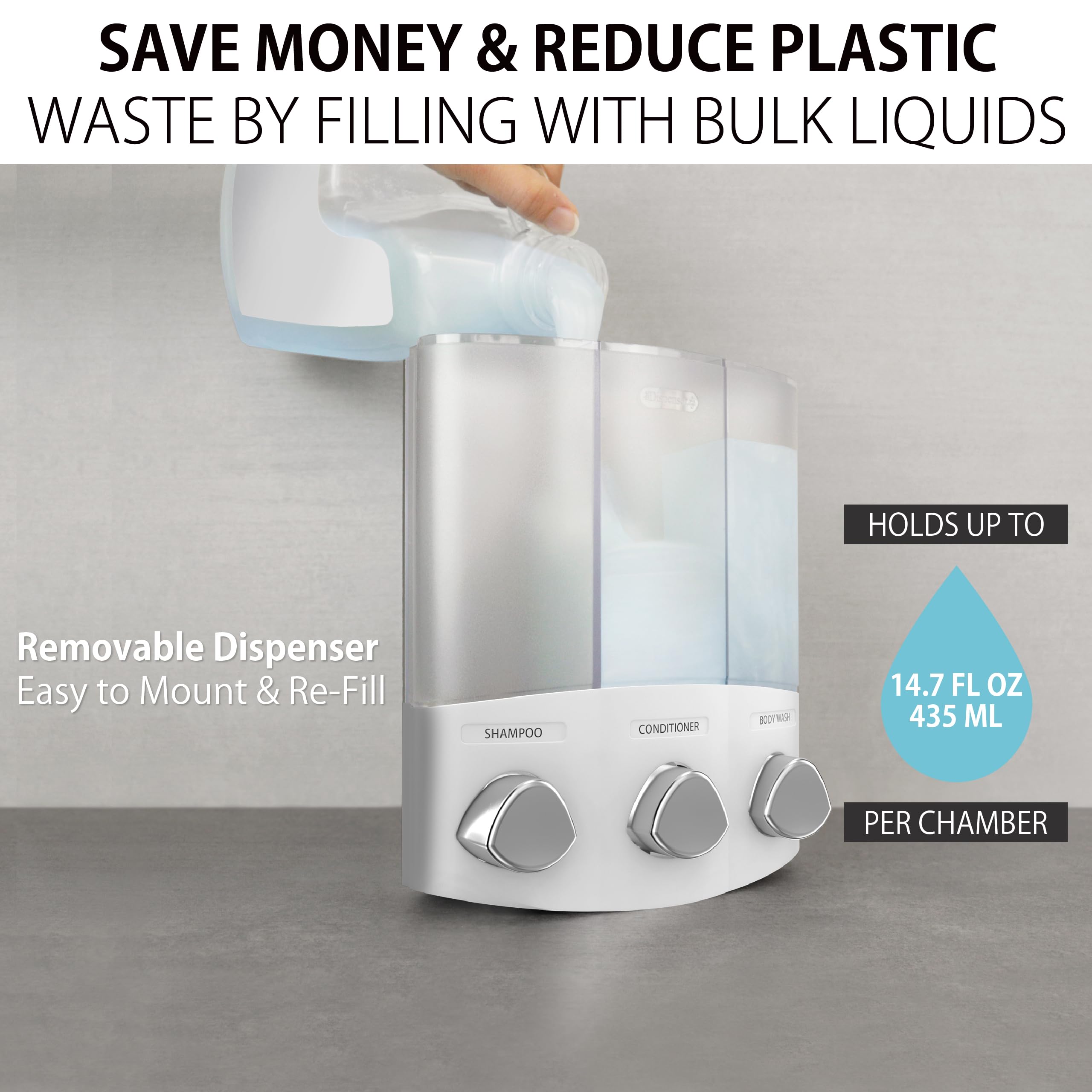 Aviva Better Living Euro Series Trio, Dispenser a Tre sezioni per Sapone e bagnoschiuma, Cromato, Plastica ABS, White, 3-Chamber