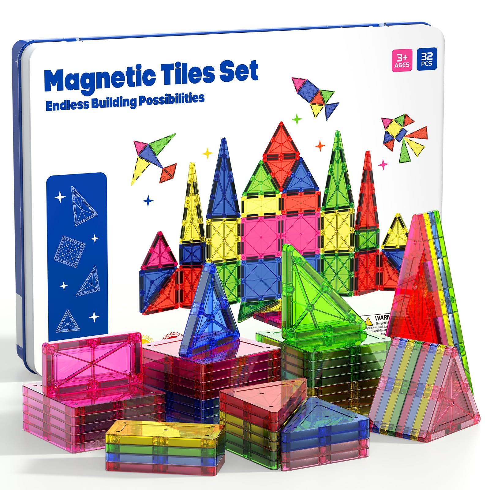 iburge 32 Piece Jumbo Magnetic Tiles with Metal Case, 7.5cm Large Magnet Building Blocks Toys for Kids 3-12 Year Olds