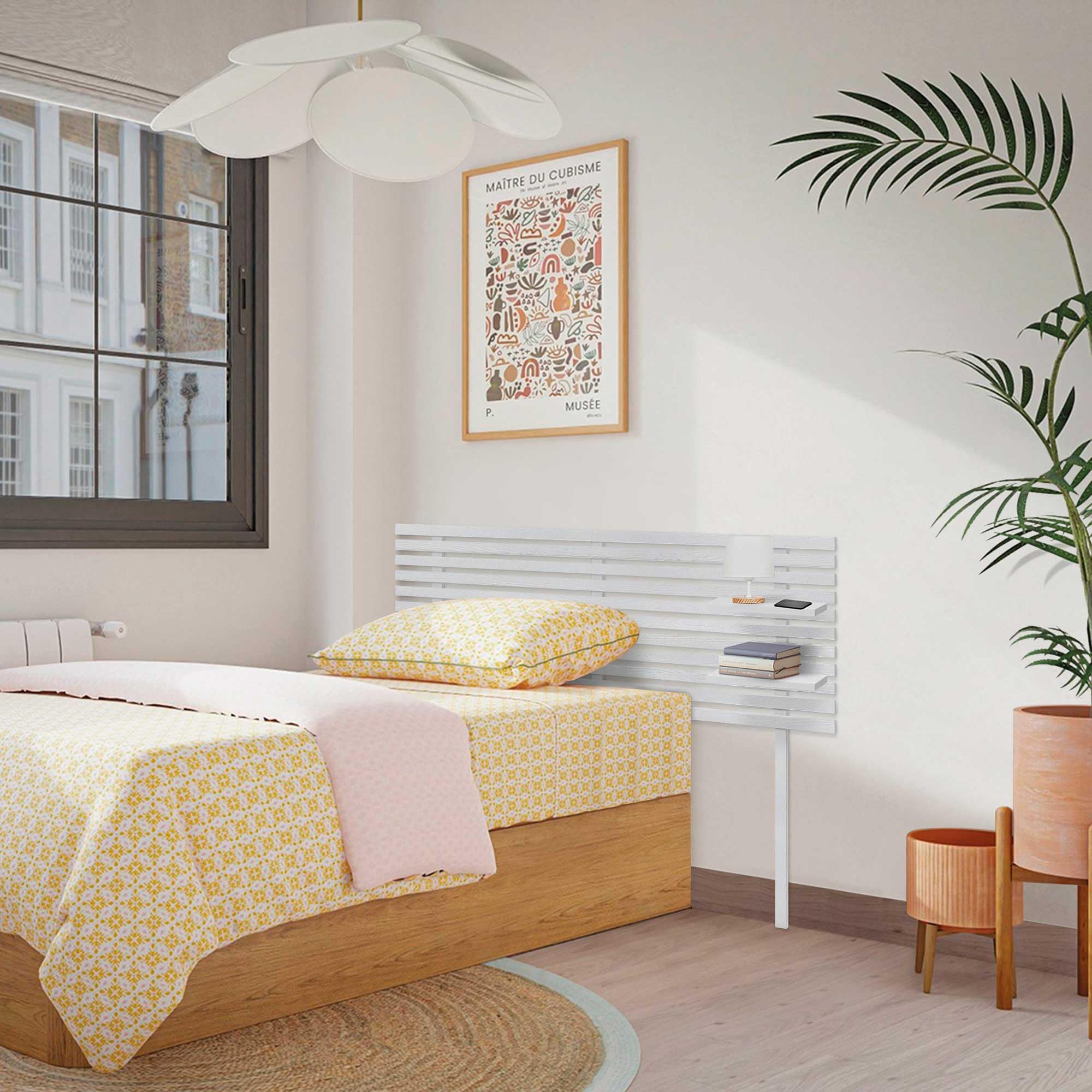 DHOME Cabecero con Estantes de Madera reciclada DM con Patas Colgante Pared Estilo Palet Cama Vintage Nordico Herrajes incluidos (Estilo Japones, Blanco Madera, 135cm)