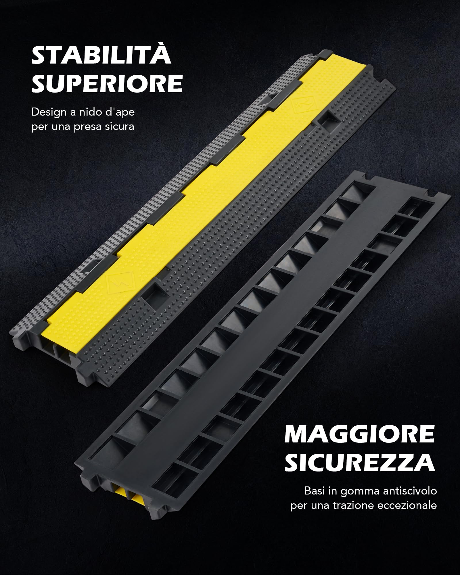 CREWORKS 3 Pezzi Passacavo a Pavimento in Gomma con 2 Canali Capacità 5T, Passacavi a Pavimento Rampa, Modulare Coperchio di Protezione Cavi Antiscivolo, Protezione per Rampa in Gomma