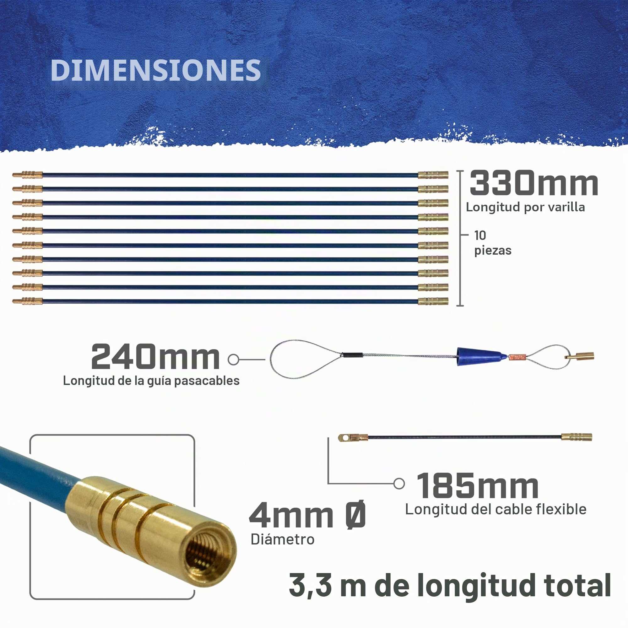 Kit de tire-câbles et accessoires Faithfull - 3,3 mètres, 4 mm de diamètre - Kit de 15 pièces comprenant 10 tiges en fibre de verre de 330 mm, un tire-câble de traction et un tube de rangement