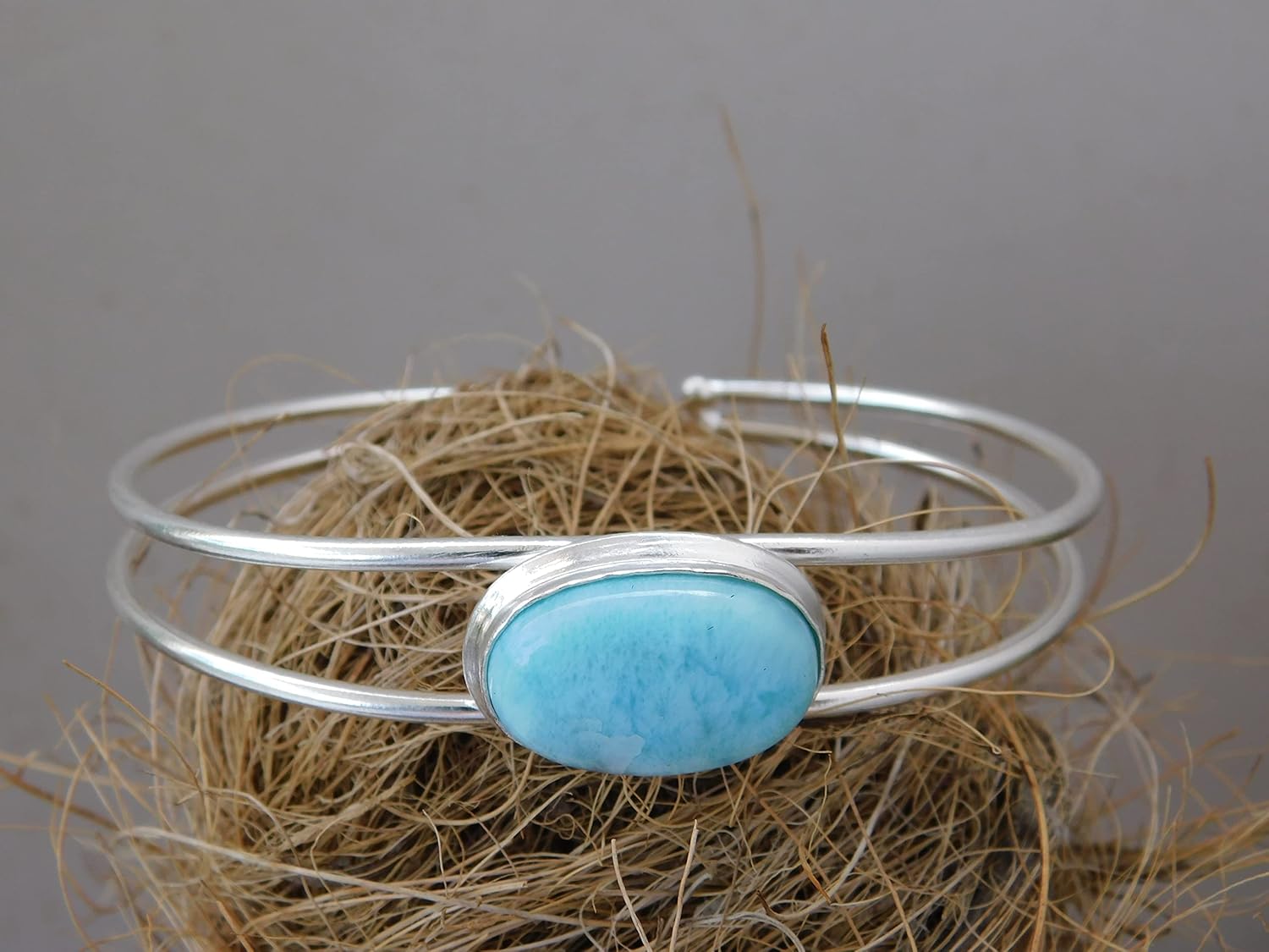 Larimar bangle Bracelet Boho Vantage Style Handmade Sterling Silver Bracelet for Mom Wife Her, Oval Larimar Bangle BY KAPISH