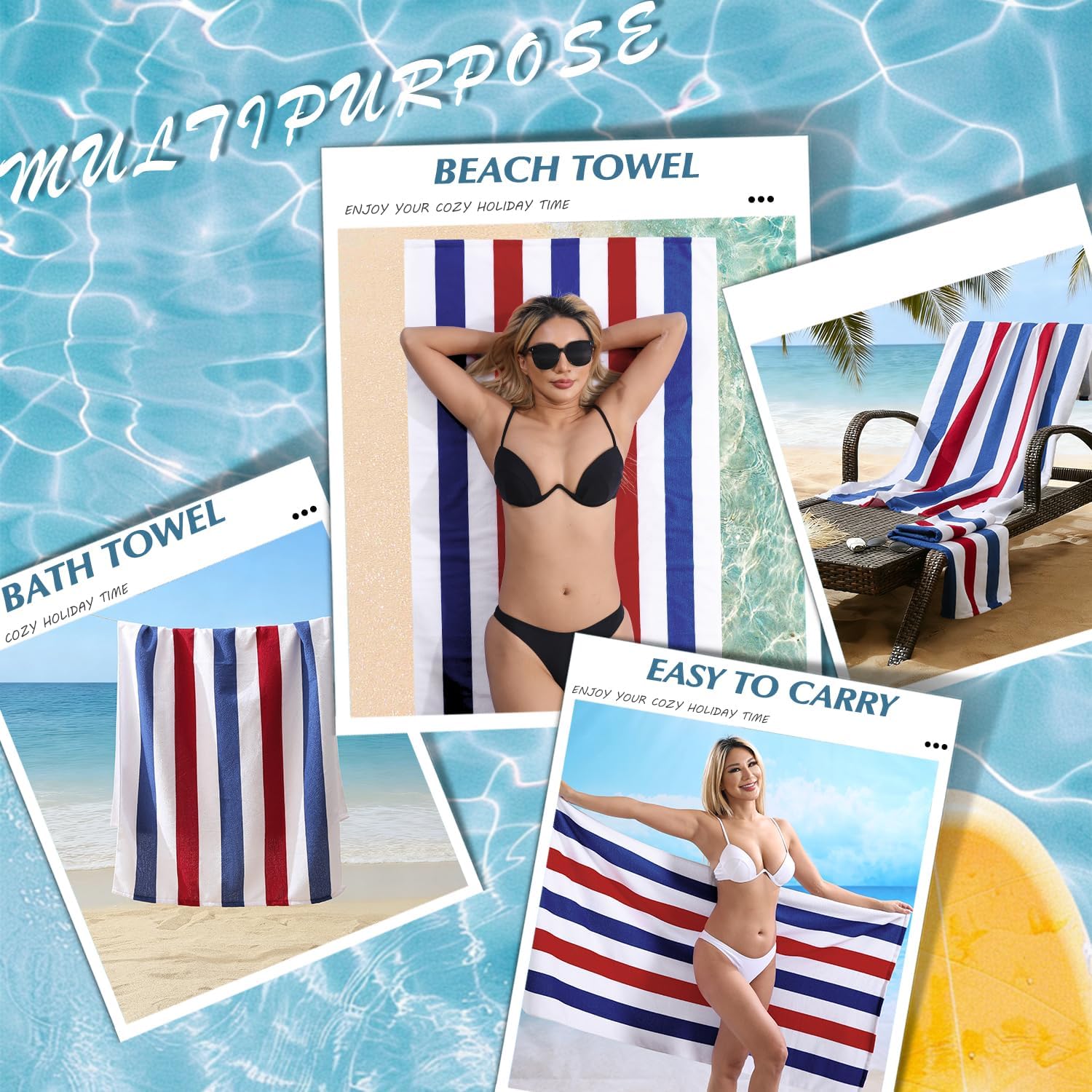 Beach Towel Set-4 Pack 30"x60" Sand Free Stripe Beach Towel for Pool,Bathroom,Soft Absorbent Quick Dry Lightweight Beach Bath Towel,Camping Blanket,Travel Towel,Beach Essentials for Adults,Red/Blue