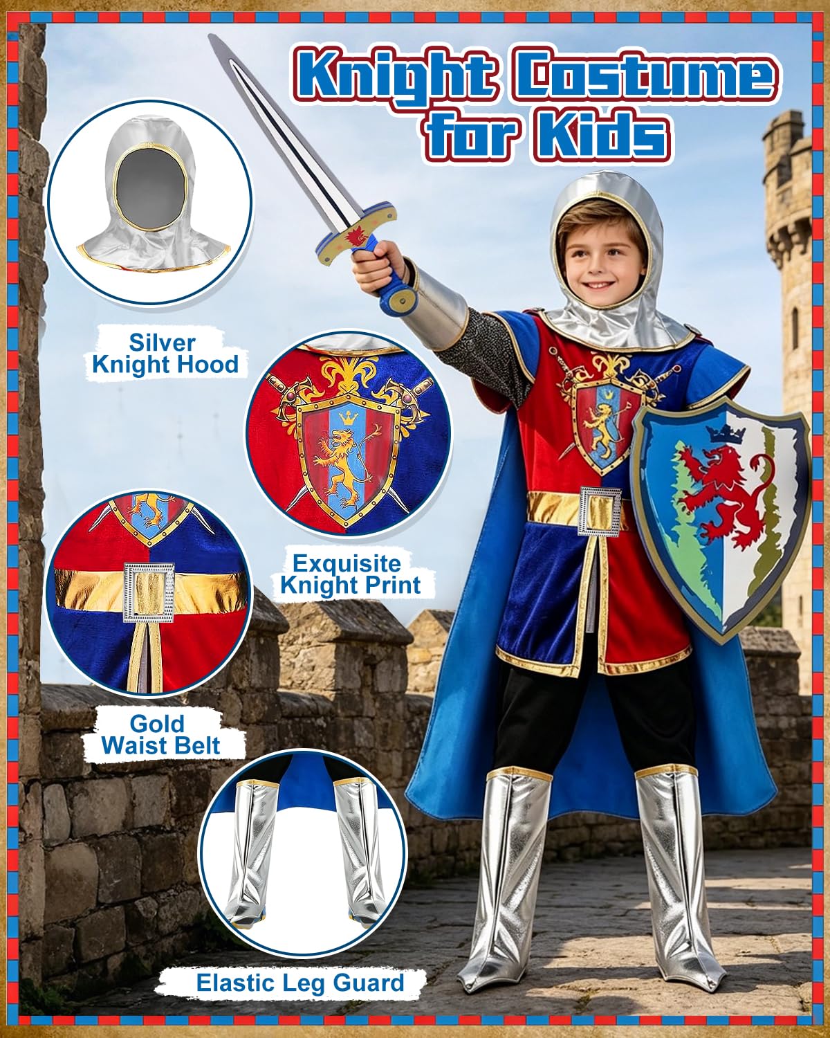Ritter Kostüm Kinder, mit Ritterhelm, Umhang, Schaumstoff-Schild | Ritter Faschingskostüm, Geschenk für Jungen zu Halloween, Karneval, Cosplay und Partys