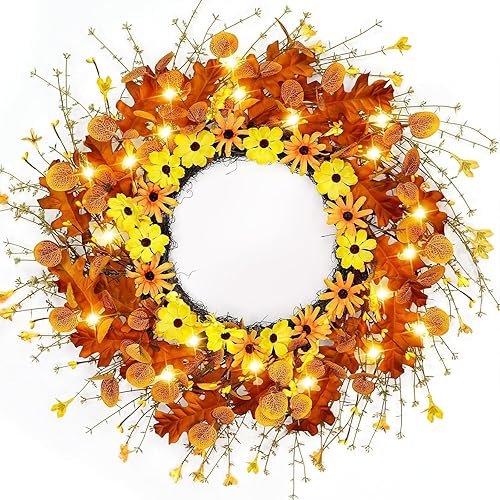 Temporizador y grueso corona de decoración de Acción de Gracias preiluminada de 18 pulgadas, 20 luces LED, decoración de otoño, puerta delantera, 72