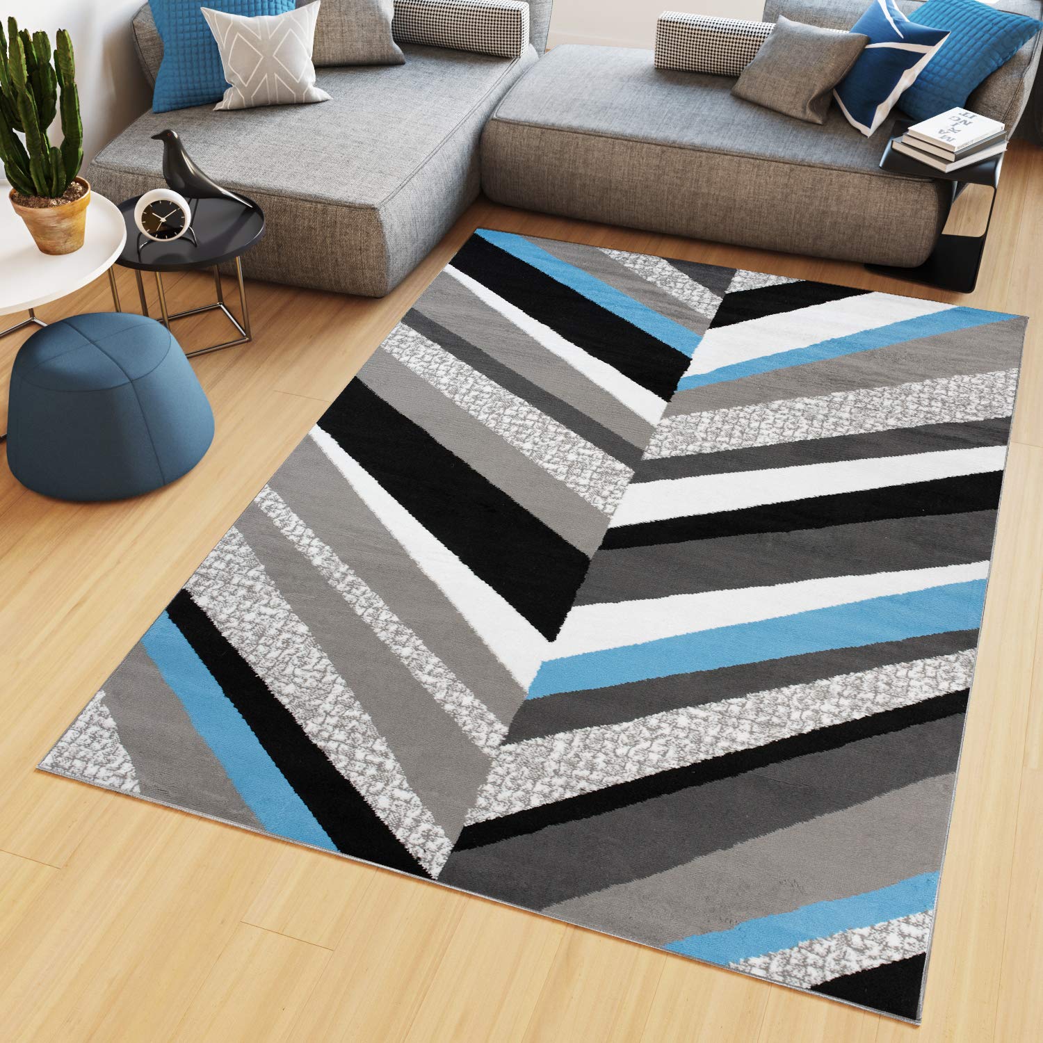 TAPISO Maya kolekcja dywan do salonu, krótkie runo, nowoczesny w paski, melanż, wzór szary, czarny, niebieski, biały, do sypialni, biura, Ökotex 180 x 250 cm