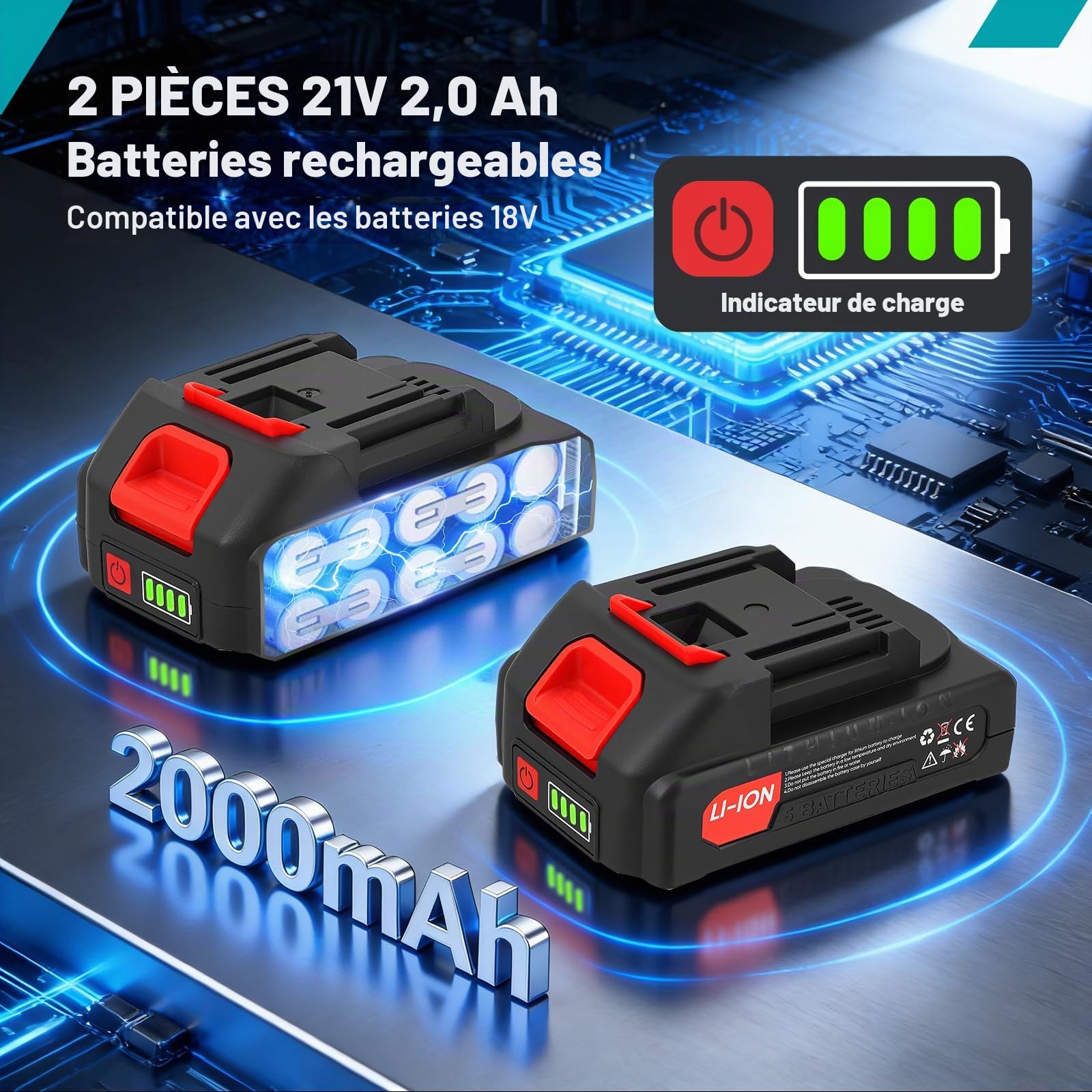 Pistolet à Silicone Électrique avec 2 x 2000 mAh Batterie, Pistolet à Cartouche sans Fil de 300 ml, Lumière LED, Compatible avec Ma@kita Batteries 18V pour l’Étanchéité, le Masticage