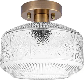 Semi Flush Mount Ceiling Light, Vintage Small Ceiling Light Fixture, Thickened Glass Hallway Lighting Fixture, Brass Kitchen Ceiling Mount Light for Entry Way, Bedroom, Bathroom, Porch