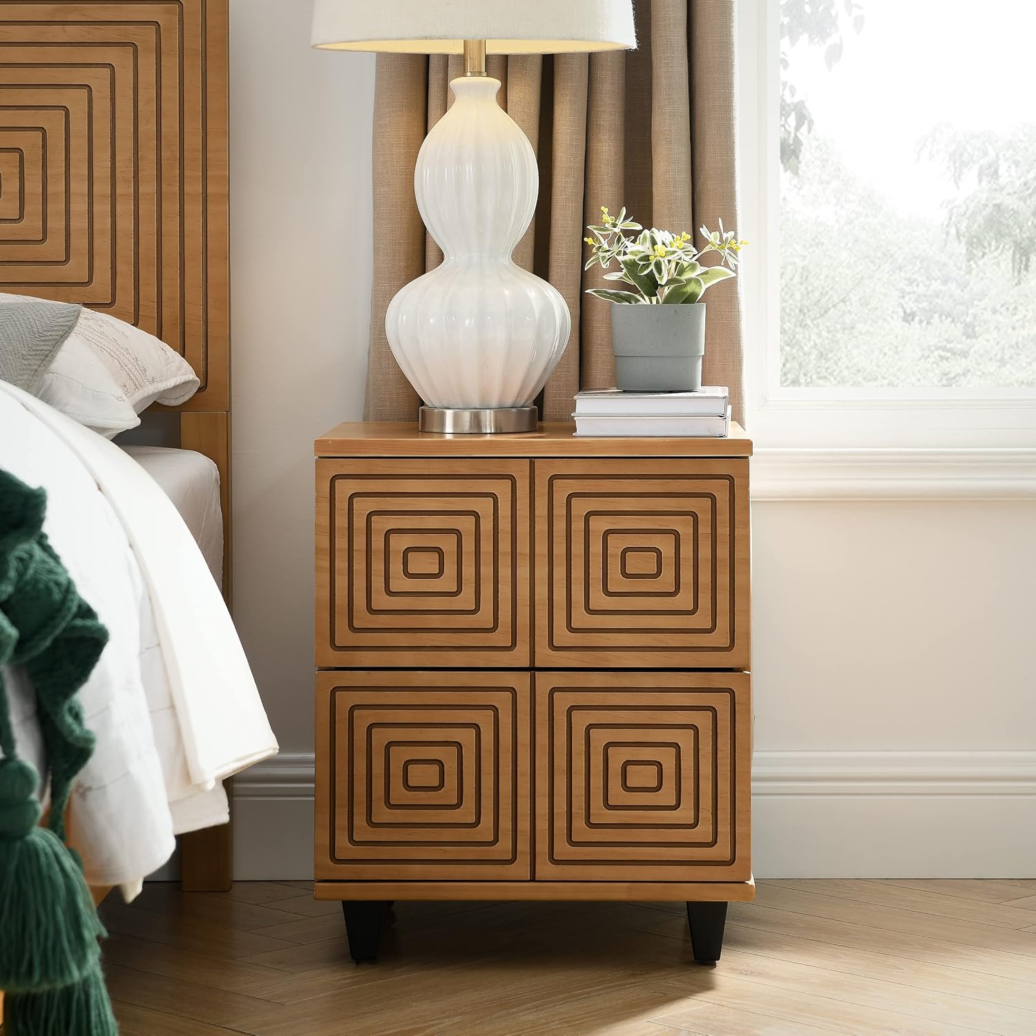 Condition photo showing As Is for MUSEHOMEINC Wood Nightstand with 2 Drawer Storage, Modern Wood Bedside Table, Night Stand with Two Unique Geometric Details Drawers for Bedroom,Living Room