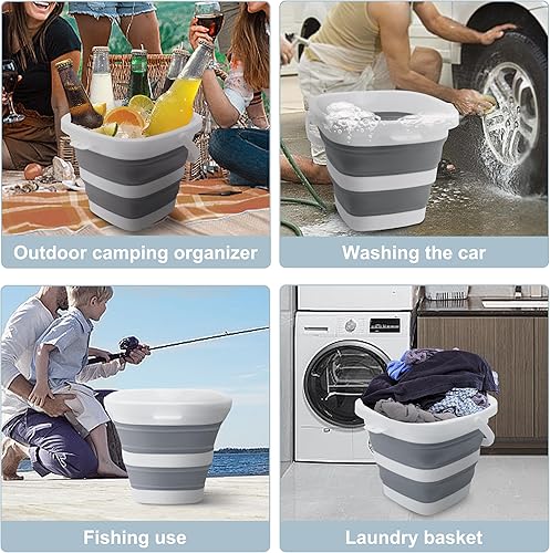 Miniatura 6 de Paquete de 2 cubos plegables pequeños, 1.4 galones/5 litros sin BPA, cubos de agua plegables para lavado de autos, campamento, playa, juego de Gris