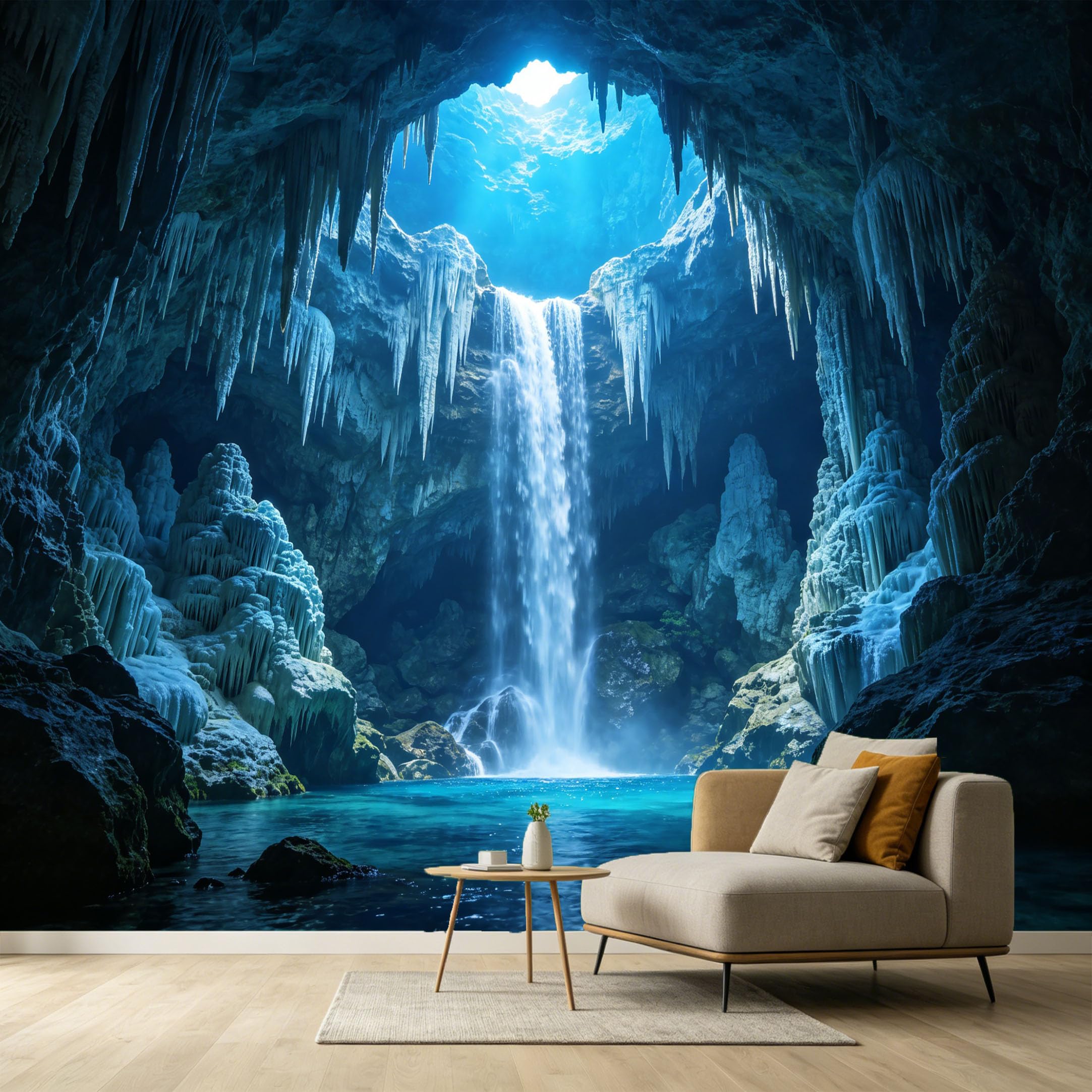 Custom Size Wall Murals Subterranean Waterfall Cave Landscape 3D Trompe L'Oeil Stalactites Stalagmites SelfAdhesive Wall Fabric Removable Large Wallpaper for Photo Living Room