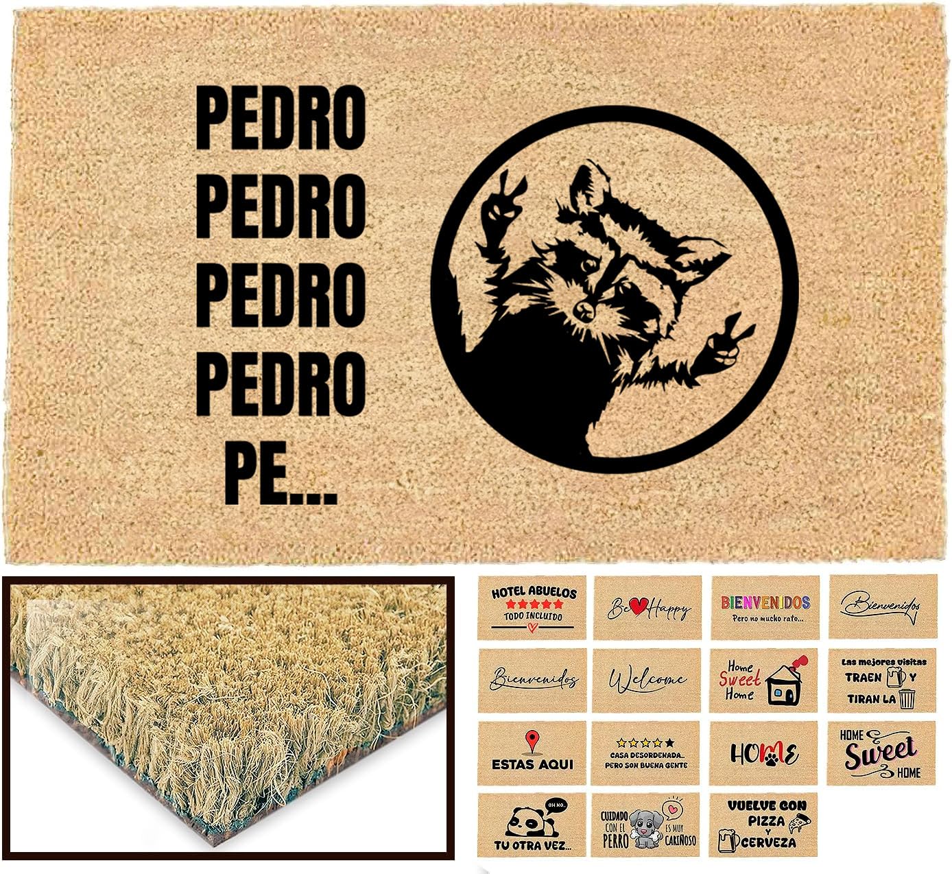 LucaHome - Felpudo Entrada casa Original y Divertido de Coco Natural - Felpudo Pedro Pedro 40x70 - Ideal para Puertas de Exteriores Cubiertas, pasillos y entradas de hogares