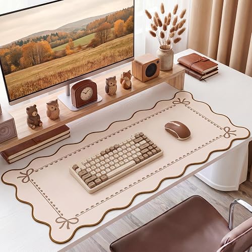 Tellegloww Scalloped Bow Desk Mat Cute Coquette Large Mouse Pad Kawaii Cottagecore ‌Vintage‌ Rustic Keyboard Pad Nonslip 2026 Graduation Gift with Stitching Waterproof Gaming(Light Khaki,80 x 40 cm) - Light Khaki - 80 x 40 cm