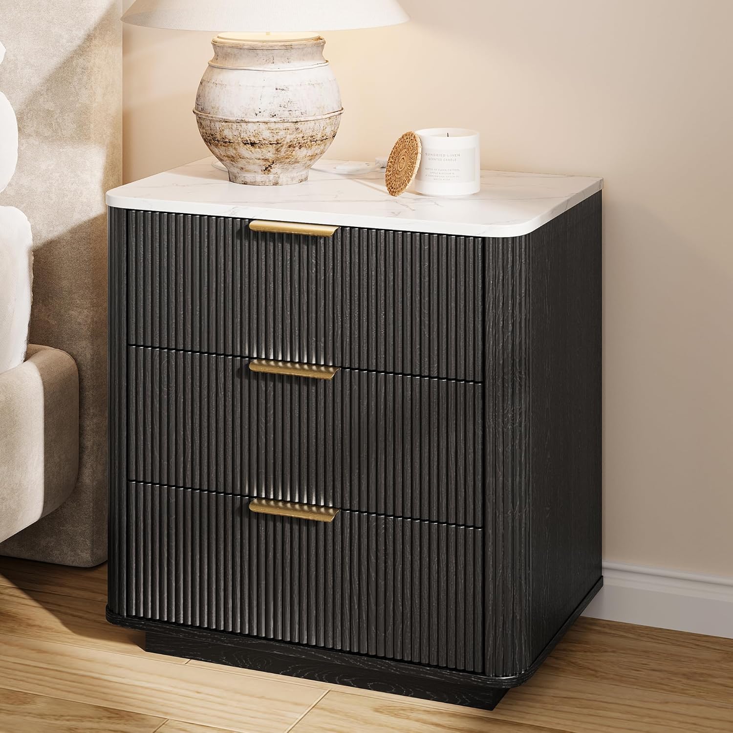 Fluted Nightstand with Charging Station, Wood Bedside Table with Faux Marble-Top, Modern End Table with Curved Corners, Metal Handle, Large Night Stand for Bedroom, Office, Living Room, Black