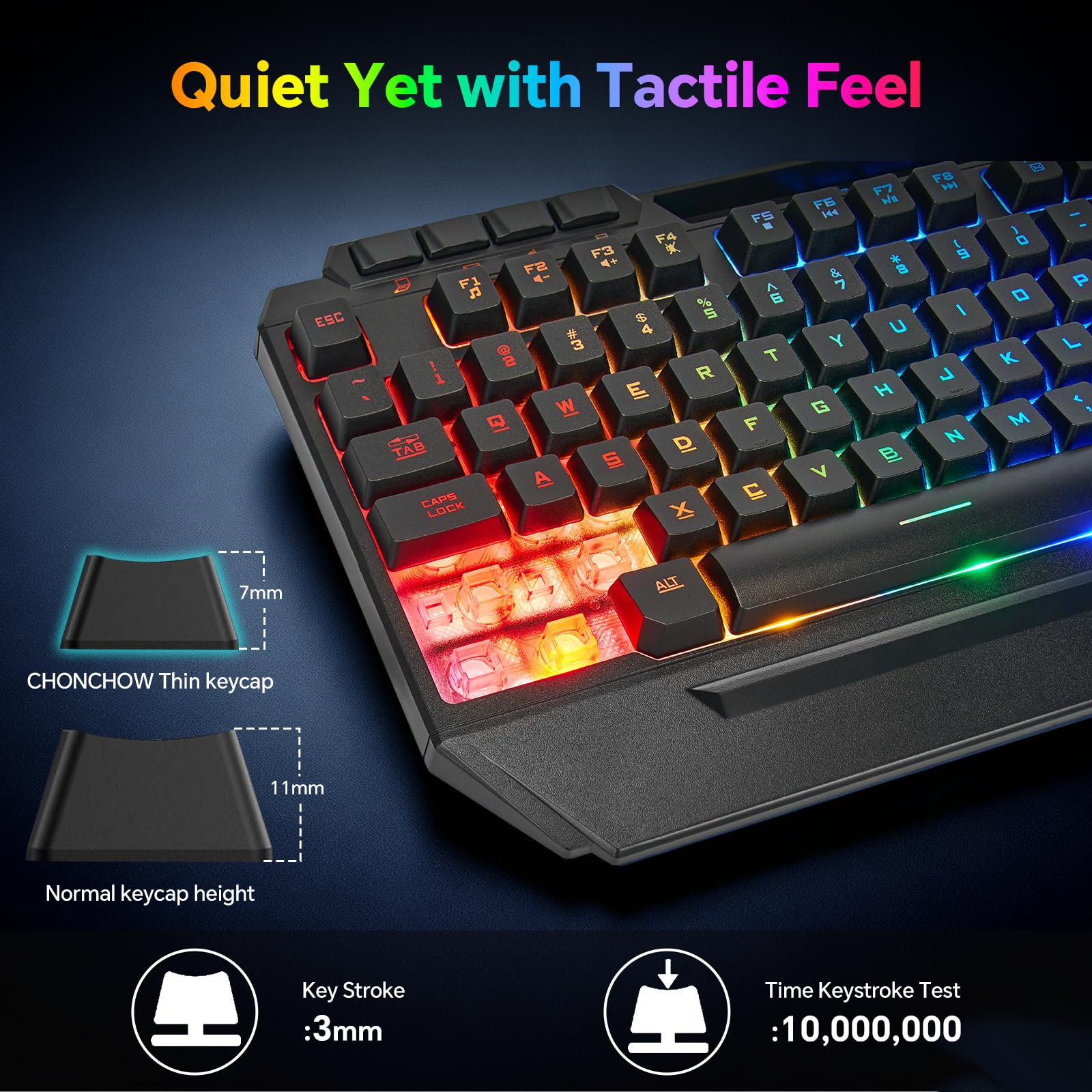 CHONCHOW Tastiera da gioco e mouse combinata, tastiera silenziosa retroilluminata RGB con cavo USB, anti-ghosting, con poggiapolsi ergonomico e supporto per telefono, mouse da gioco 7D 7200 DPI per PC