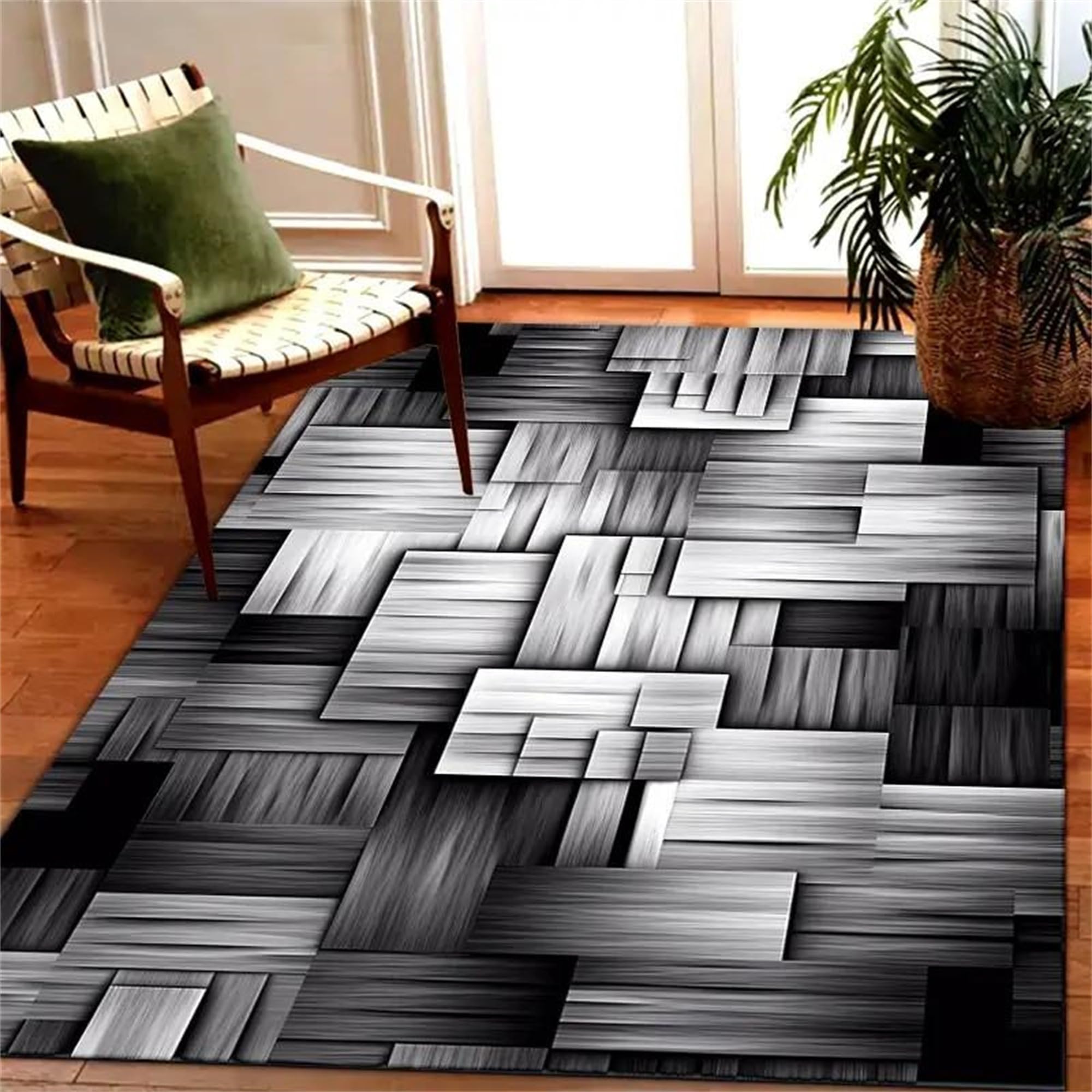 Geometric Rug for The Bedroom, 70x140cm Vintage Black Gray Abstract Plaid Luxury Indoor Carpet Soft Durable Easy-To-Clean Rugs Non-Slip Washable Low-Pile Rugs for The Living Room Bedroom Office