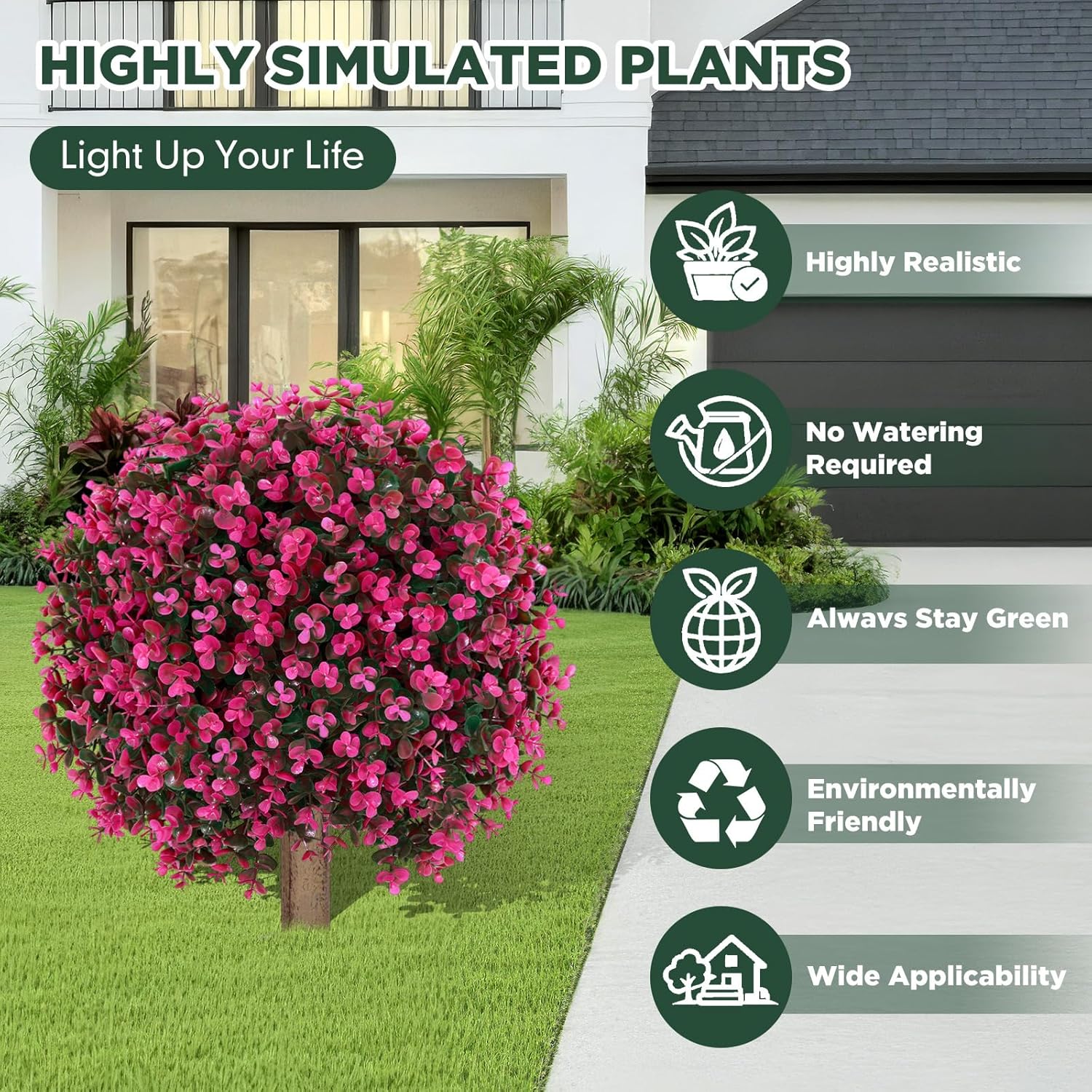 2 Pack 24" Artificial Red Eucalyptus Topiary Ball Tree with Ground Spike, Artificial Boxwood Bushes for Faux Shrubs, Fake Evergreen Plant Bushes for Porch Garden(2 Pack, Rose Red)