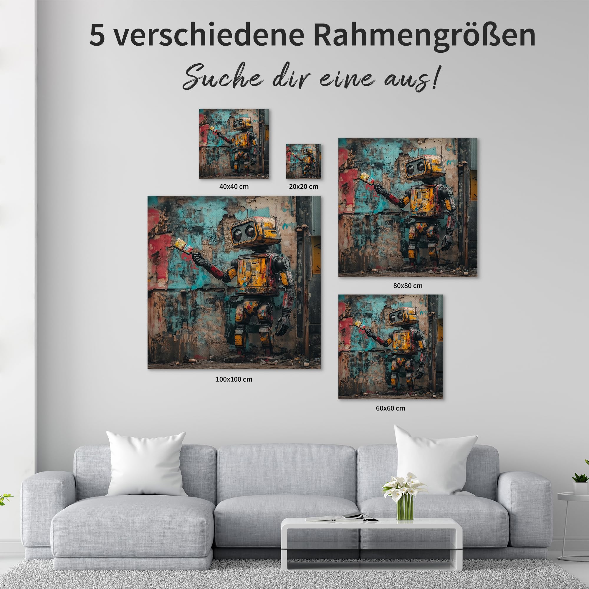 Banksy Leinwand Keilrahmen Robokunst 100x100cm - Street Art - Wandbild | Banksy Wandbild auf Leinwand, 100x100cm, Motiv Robokunst, Quadratisch, Street Art, 2cm Holzrahmen, matter Kunstdruck