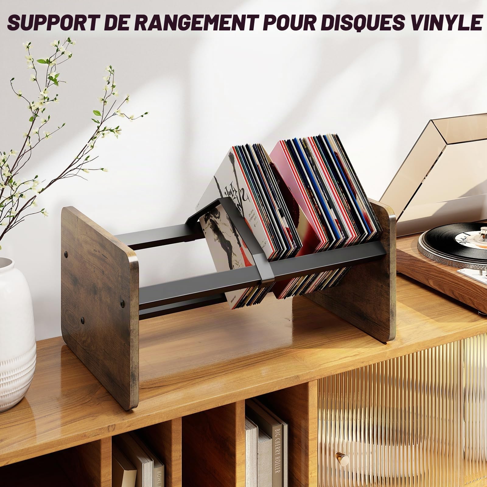 TVON Wooden Rangement Vinyle,Vinyl Storage Stand for 80-100 LPs Records ,Record holder & CD Rack & Albums Displays,Support de rangement pour disques vinyles with Adjustable Divider