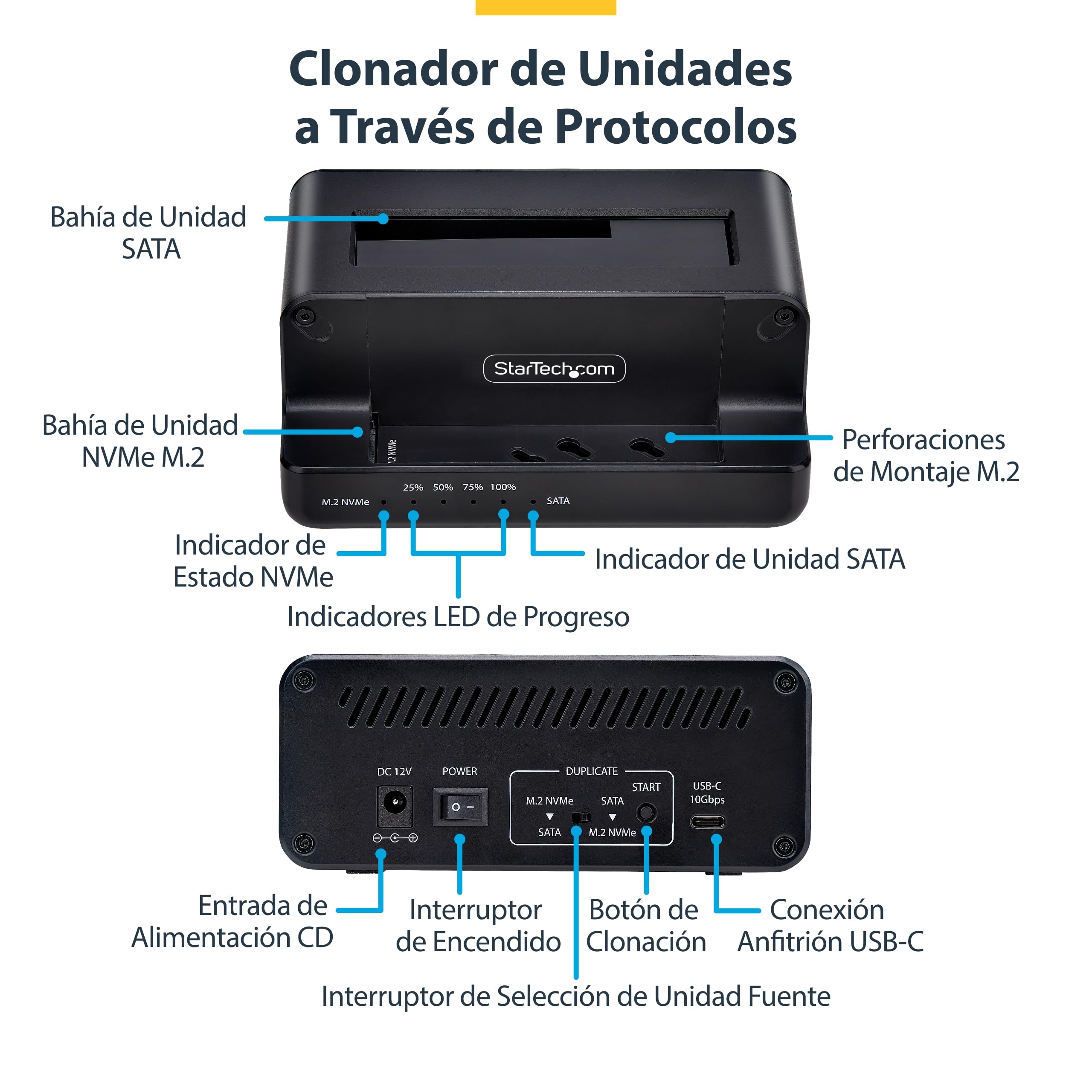 StarTech Dock Duplicador M.2 NVMe a SATA 2,5/3,5in, 27GB/min, USB 10Gbps | USB 3.2 10Gbps, PCIe Gen3x2, Unidad de estado solido