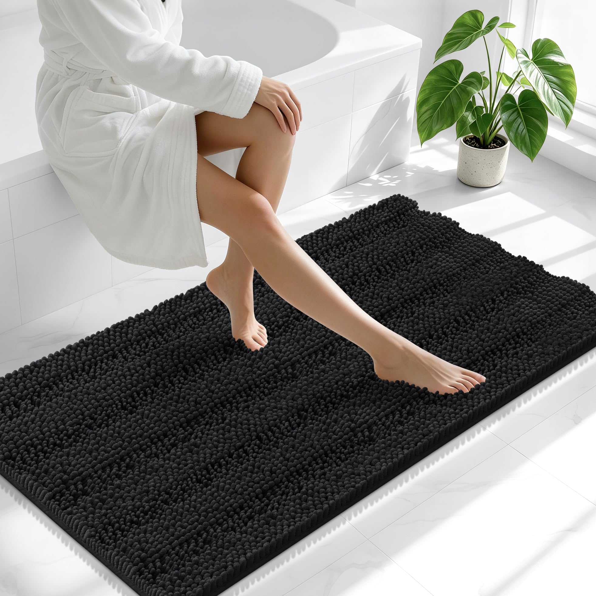 Smiry Thick Chenille Bathroom Runner Rugs 47x24, Absorbent Bath Mat, Black