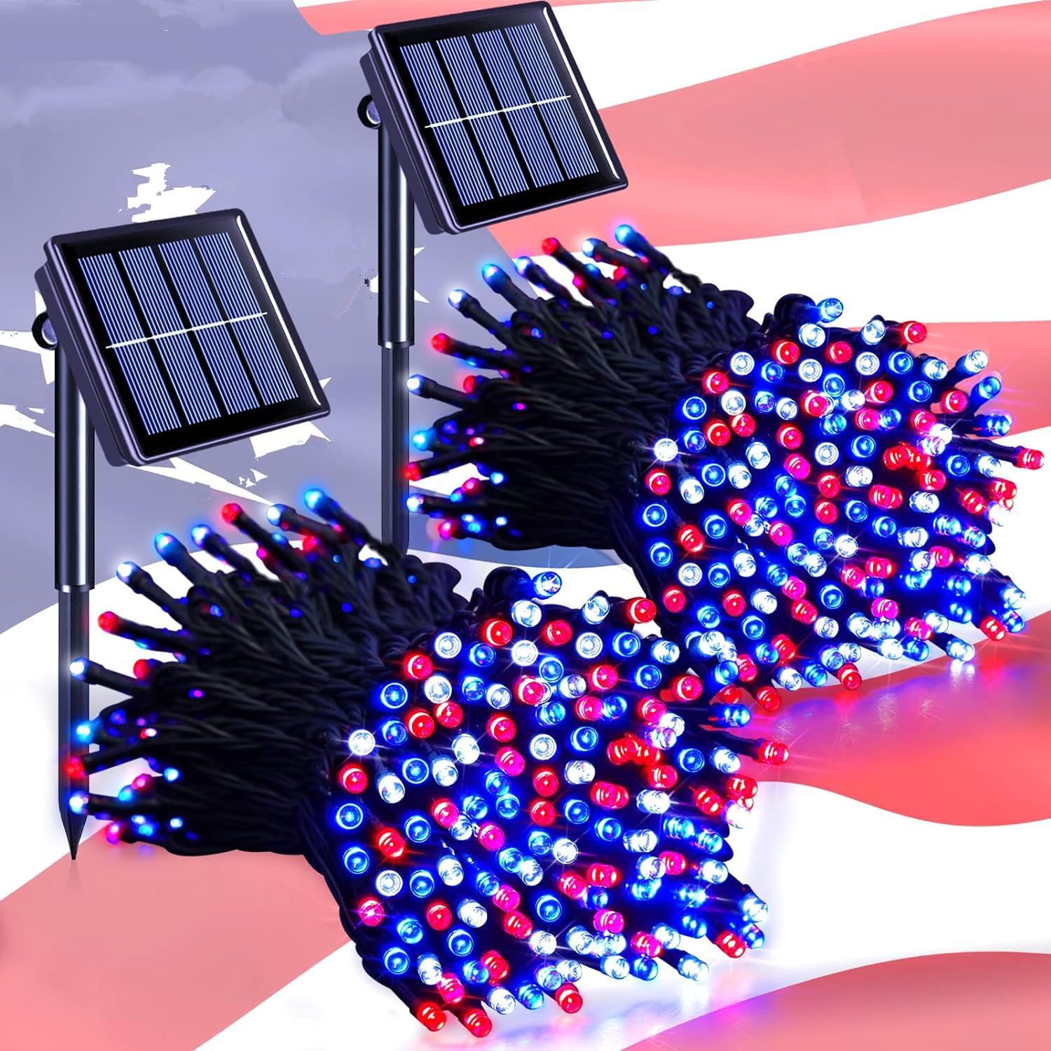 2 Pack Solar String Lights, 11M 60LED Solar Christmas Light String 8 Modes Fairy Waterproof Lights para la decoración de la boda del jardín de Navidad (Rojo + blanco + azul)